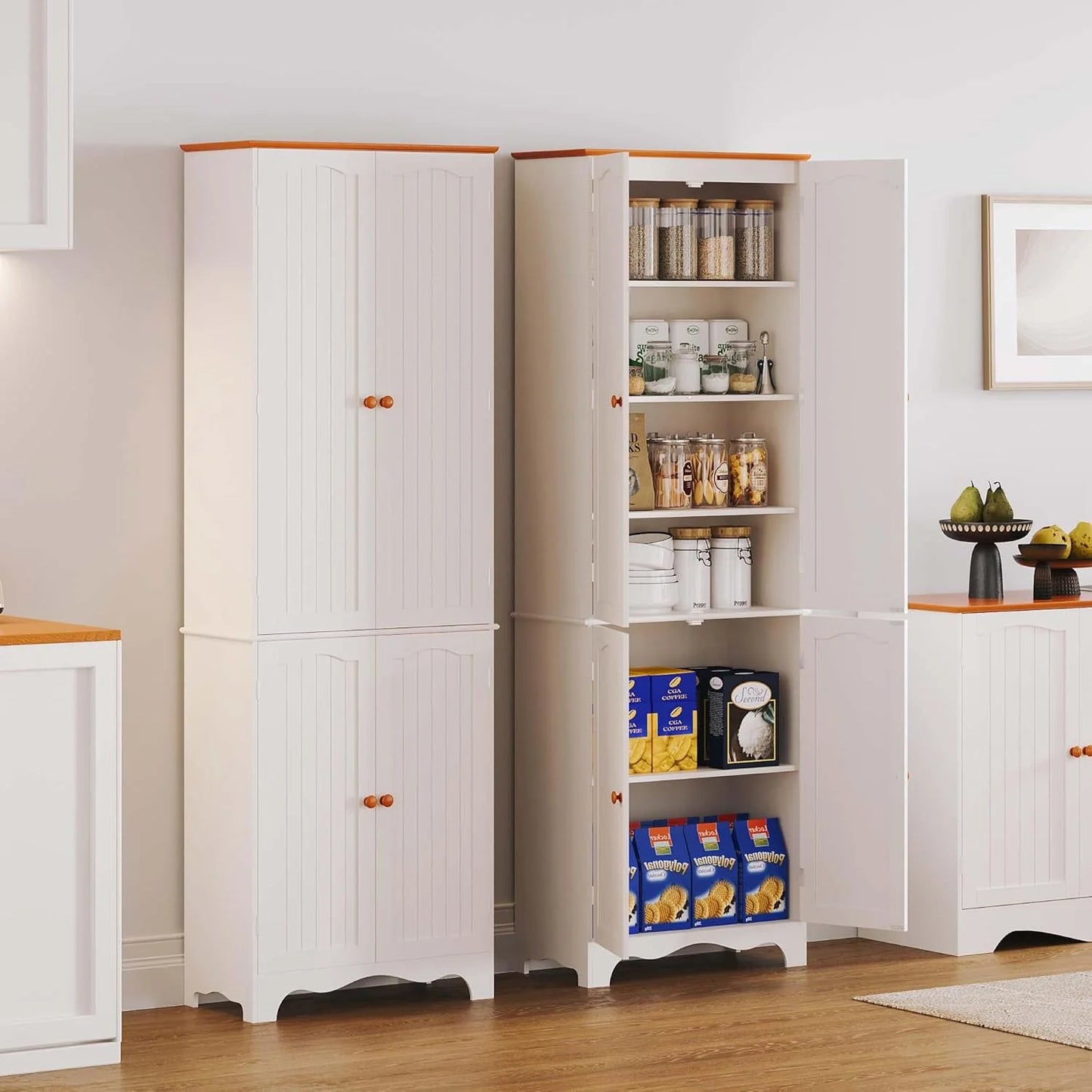 Tall Pantry Cabinet, Freestanding Storage Cabinet, Wooden Kitchen Pantry with 4 Doors and 5 Shelves, 72" Floor Cabinet Organizer