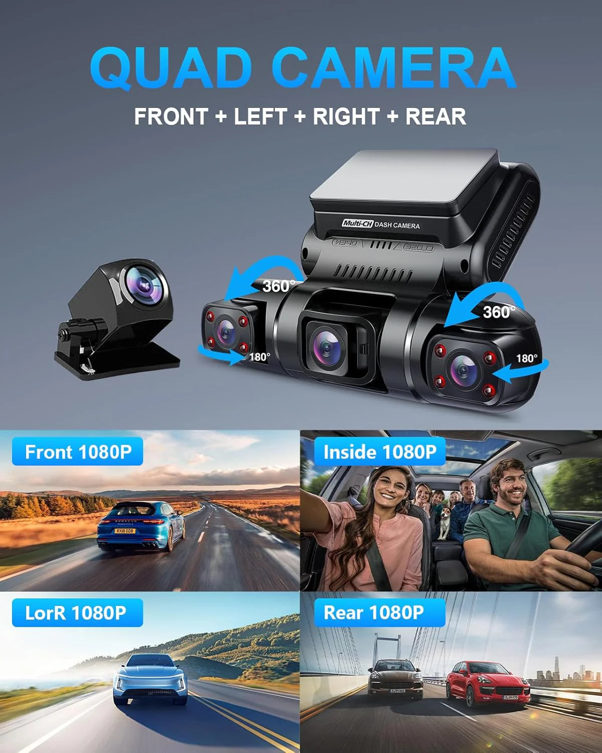 PRUVEEO 360-degree view car dash cam, built-in GPS WiFi night vision, 24/7 all-weather recording parking mode monitor, free 128G card