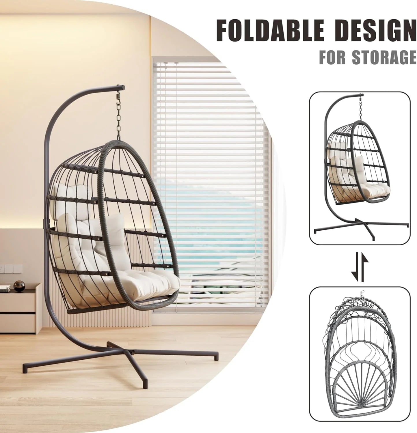 HWB Hanging Egg Chair with Stand, Patio Wicker Hammock Egg Swing Chair with Cushion for Bedroom Garden Indoor Outdoor (Beige)