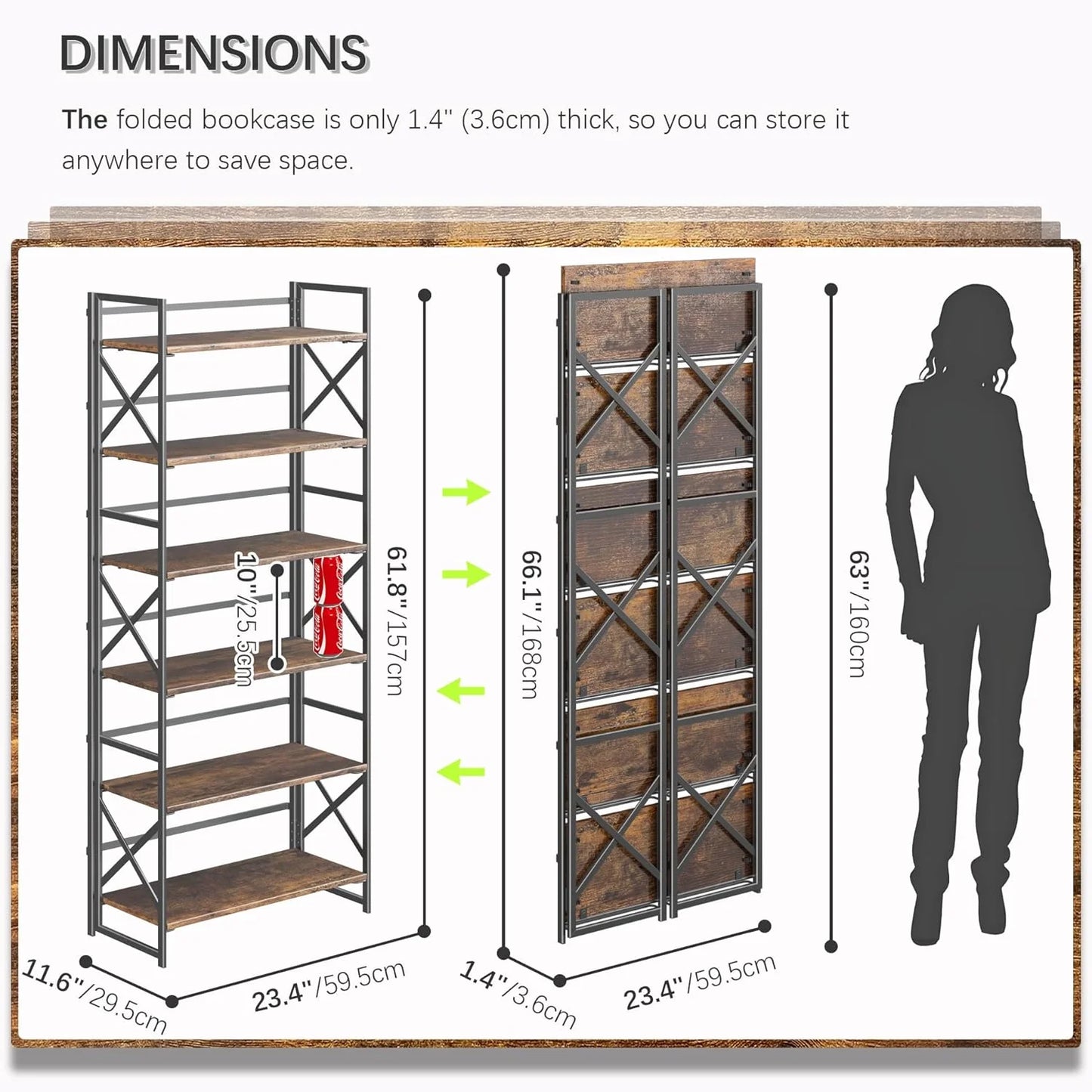 5 Tiers No Assembly Book Shelves 51.2" H Folding Bookshelf Bookcase