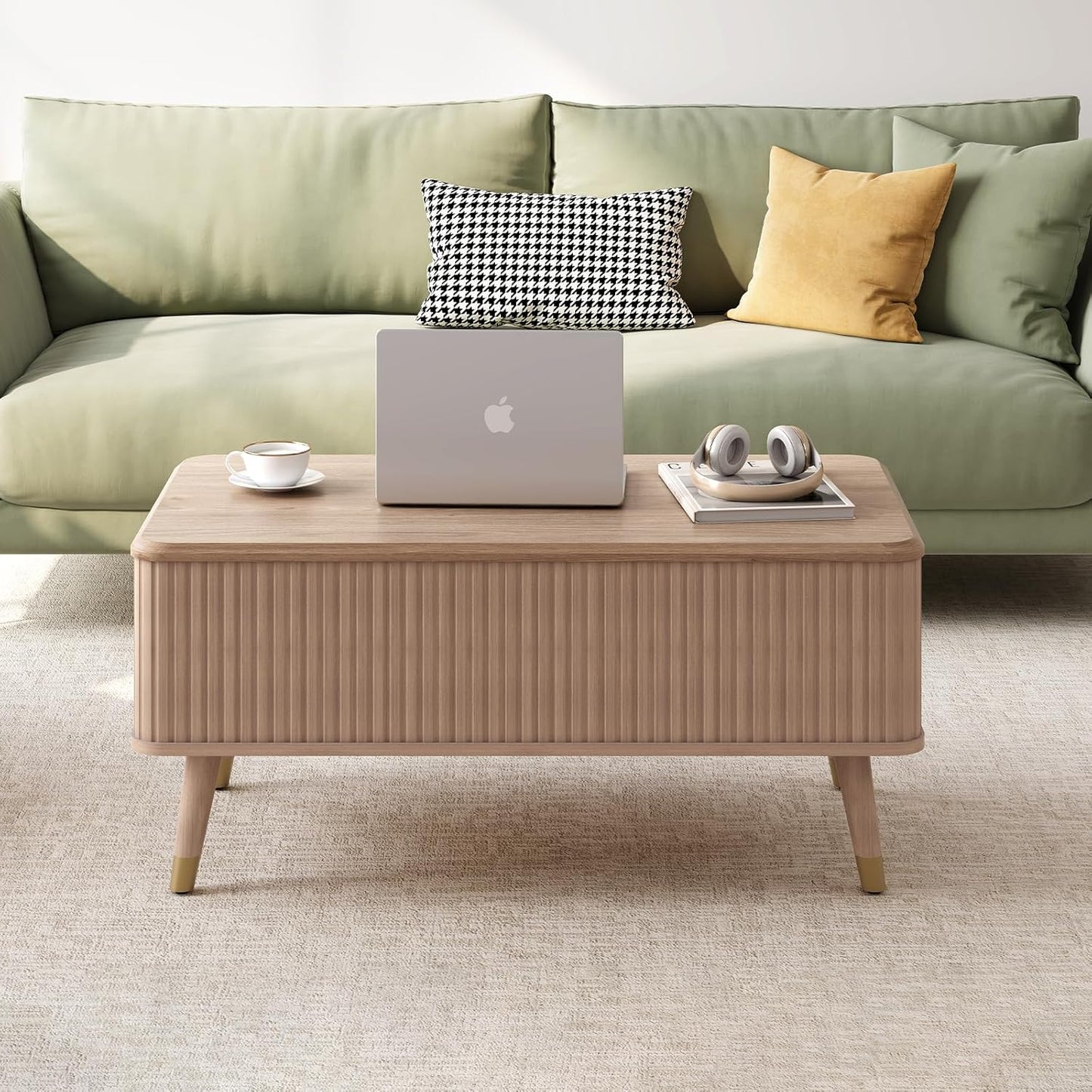 Round Coffee Table with Storage,Fluted Center Table with Sliding Cabinet Door for Living Room,Home Small Space,31.5" Small Center Table,Walnut