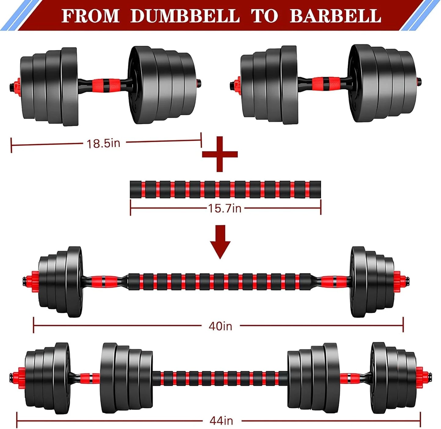 Adjustable dumbbell set, free weight dumbbell pair convertible into barbell