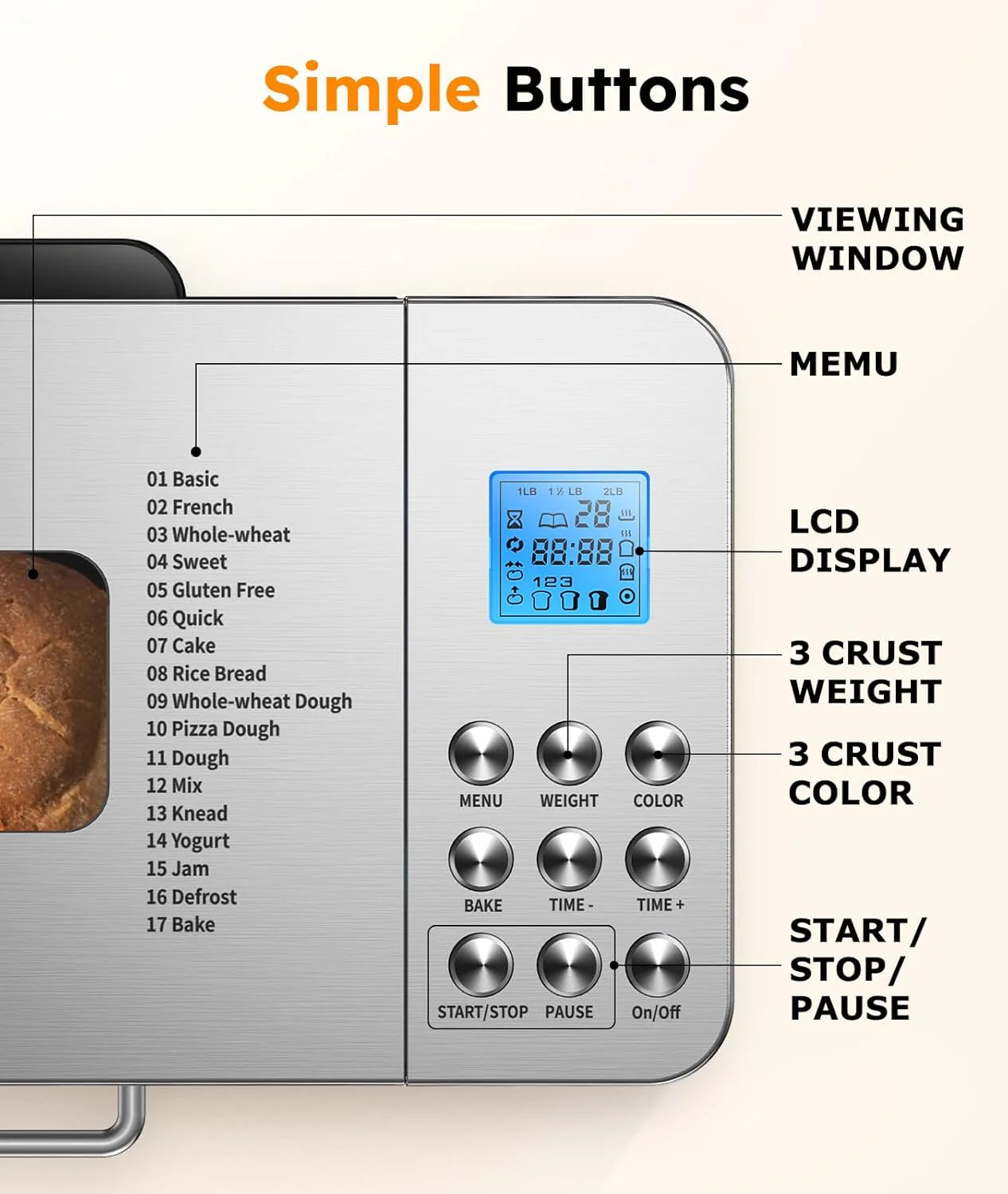 2LB Bread Maker, OSIPOTO 17-in-1 Automatic Stainless Steel Bread Maker