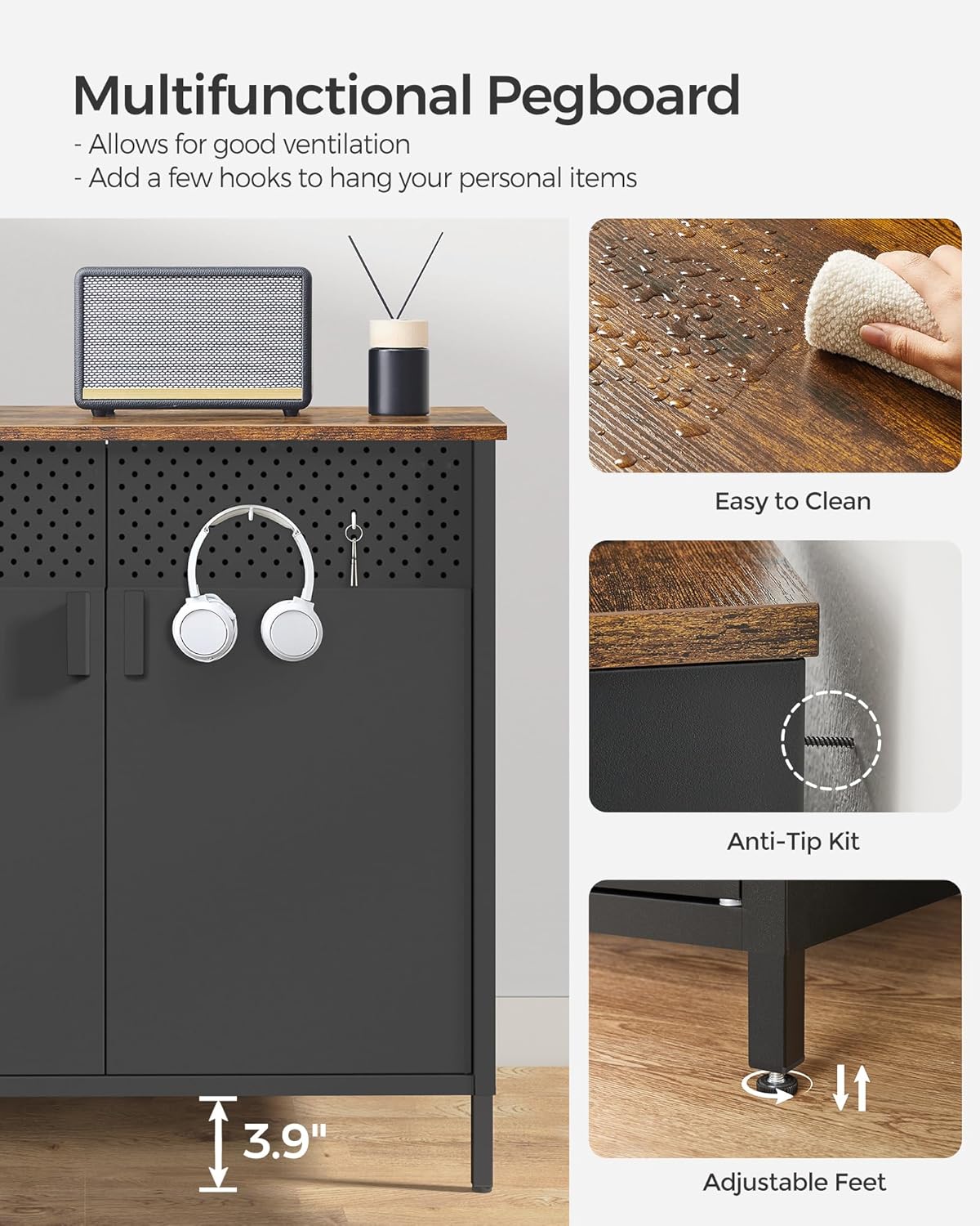 SONGMICS Storage Cabinet, Metal Cabinet, Sideboard with 2 Doors, 15.7 x 31.5 x 29.9 inches