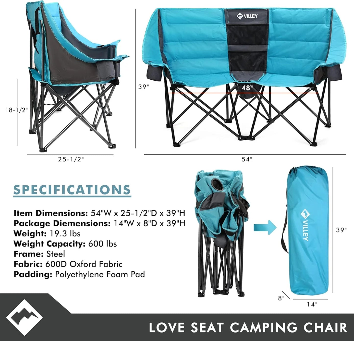 Double camping chair (with cooler bag), extra wide love seat, heavy duty padded camping sofa, portable folding chair