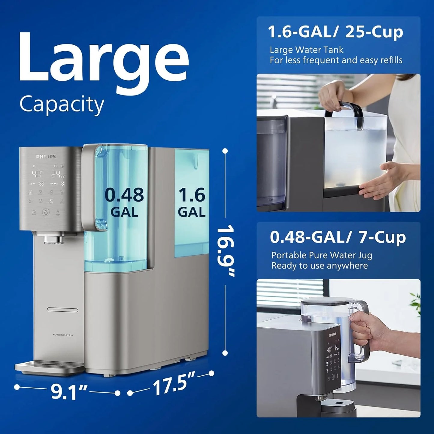 Reverse osmosis water filter countertop, Philips 5-inch water filtration system purifier