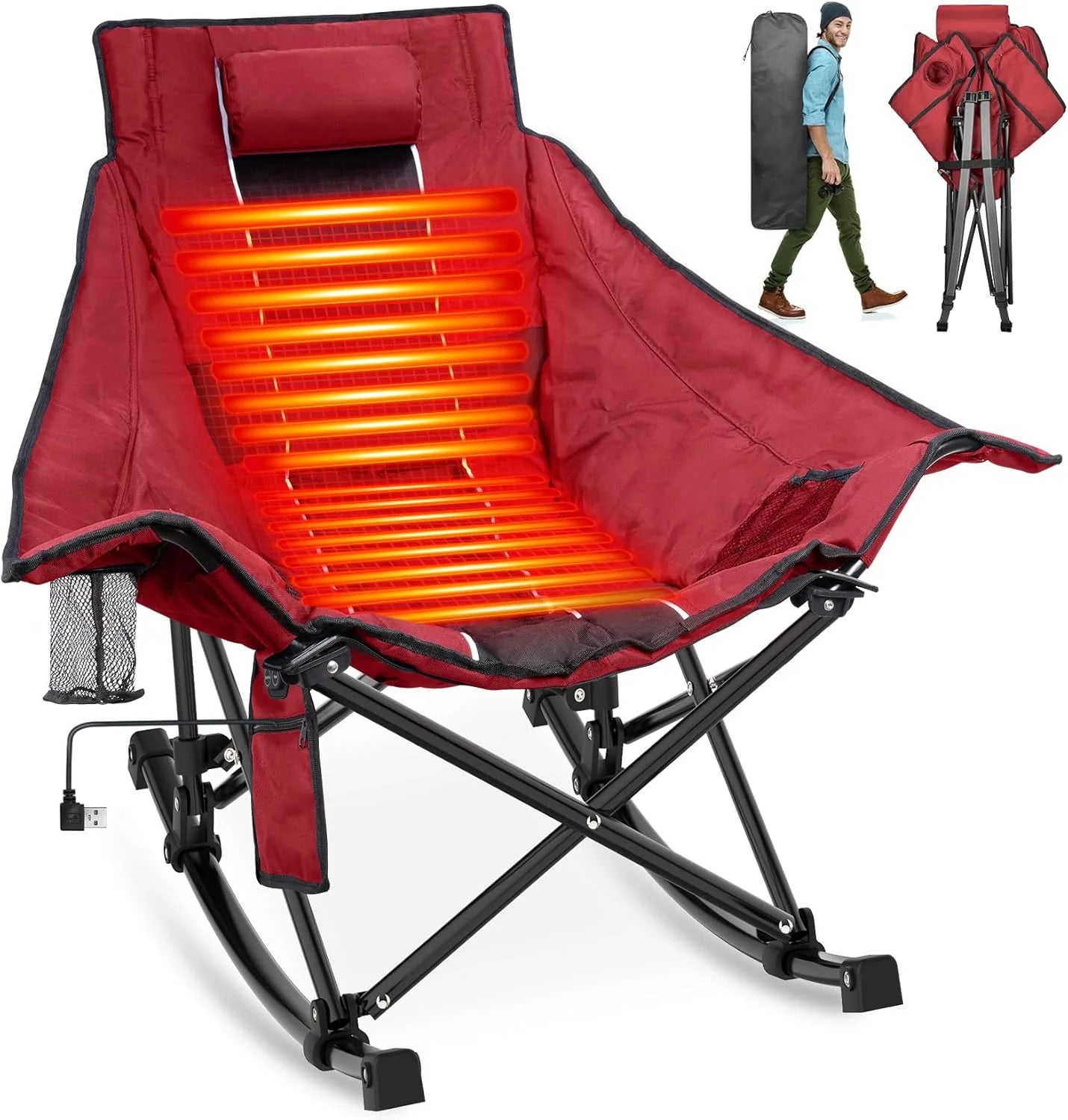 Heated Camping Chair, Extra Large Heated Chair Outdoor Sports Chair with 3 Heat Levels on Back and Seat, Portable Folding Heated Outdoor Chair (Batteries Not Included)