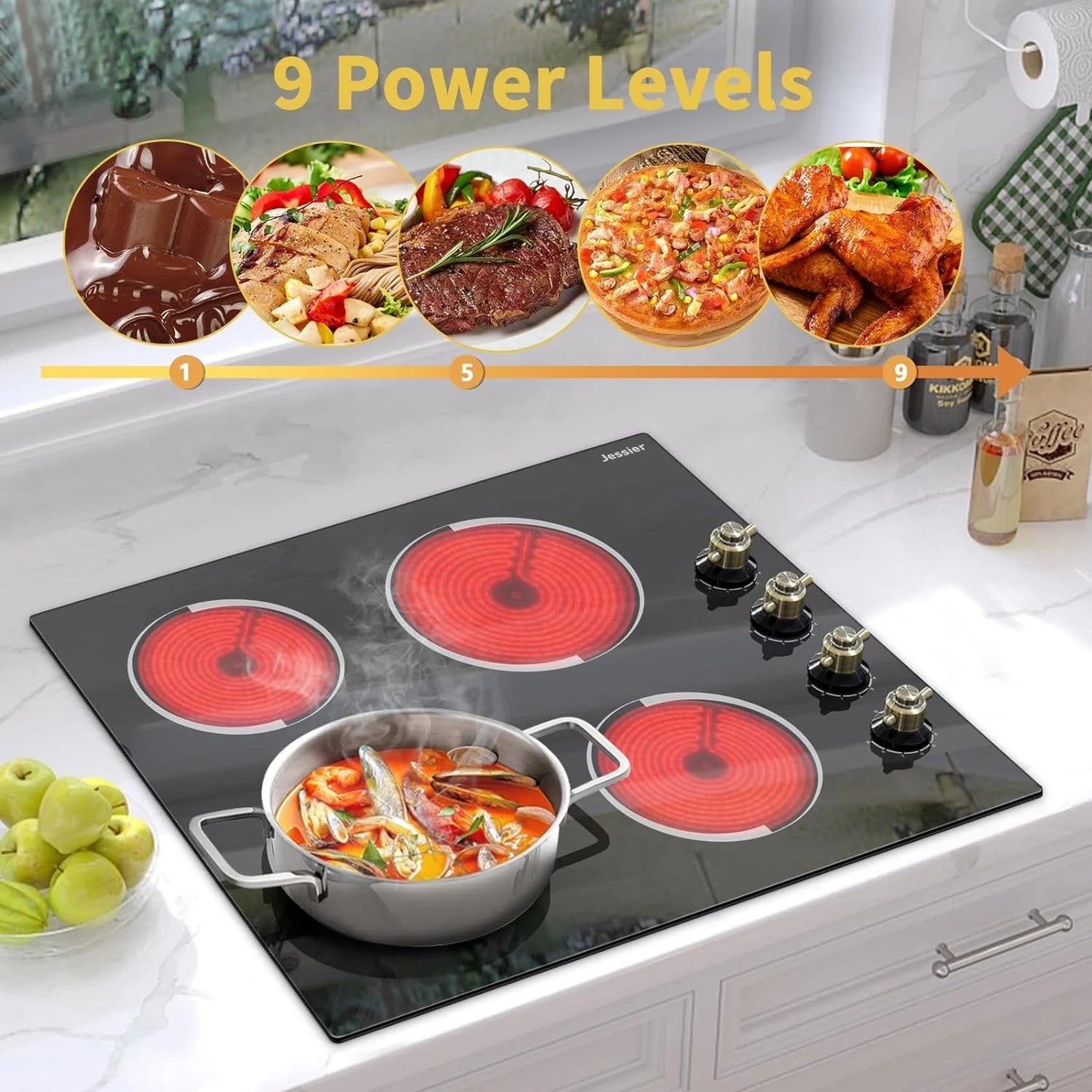 Electric Cooktop 30 Inch - 5 Burners Built-in Ceramic Cooktop, 30" Electric Stove Top with Glass Protection Metal Frame, 9 Heating Level, 8400W, 220-240V for Hard Wire(No Plug)