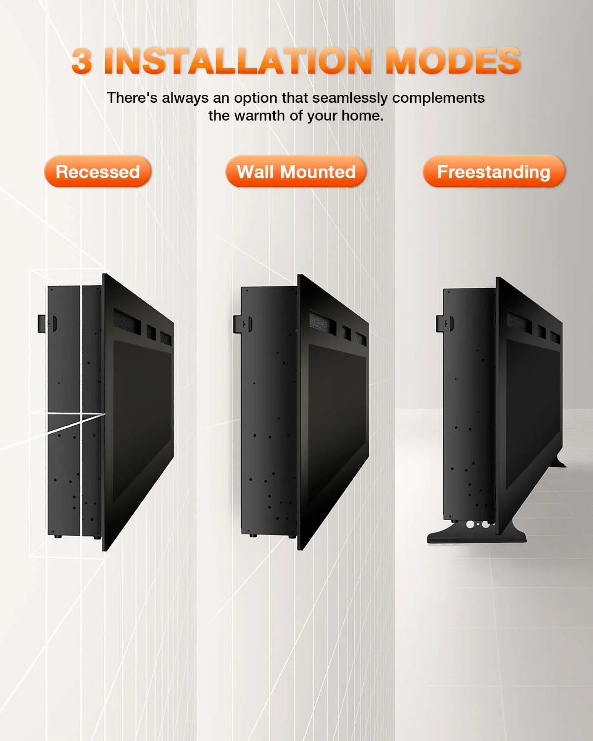 Electric Fireplace 60Inch,Wall Mounted Electric Fireplace Heater with Timer Inserts，TV Stand Touch Screen and Realistic Flame,Log Set,Crystal Flames 750 to 1500W，Remote for Living Room