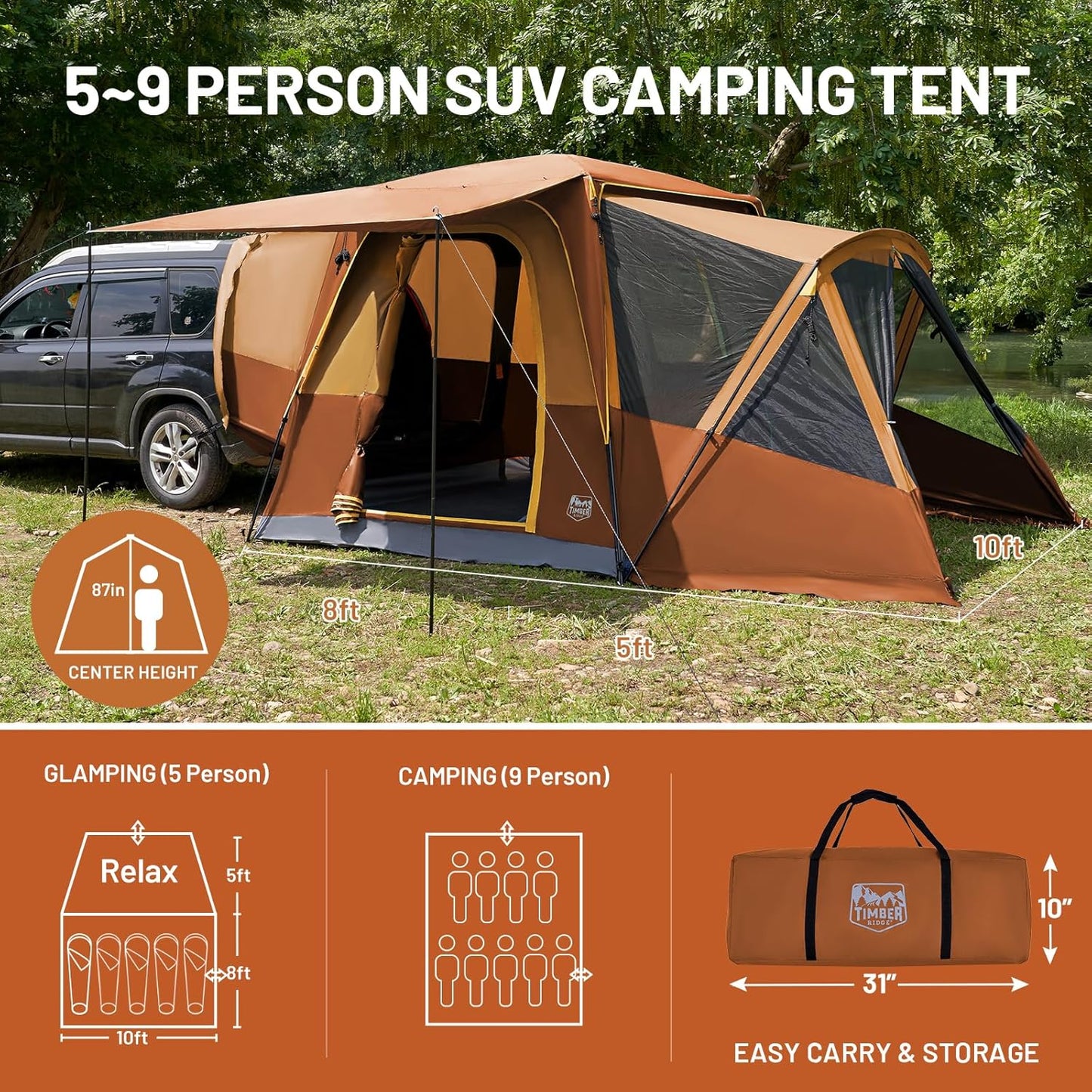TIMBER RIDGE 5-9 Person SUV Tent with Screen Porch and Awning for Family Camping, Weather Resistant and Portable Van or Car Tent, Includes Rainfly and Storage Bag, 13' W X 10' L X 7.1' H
