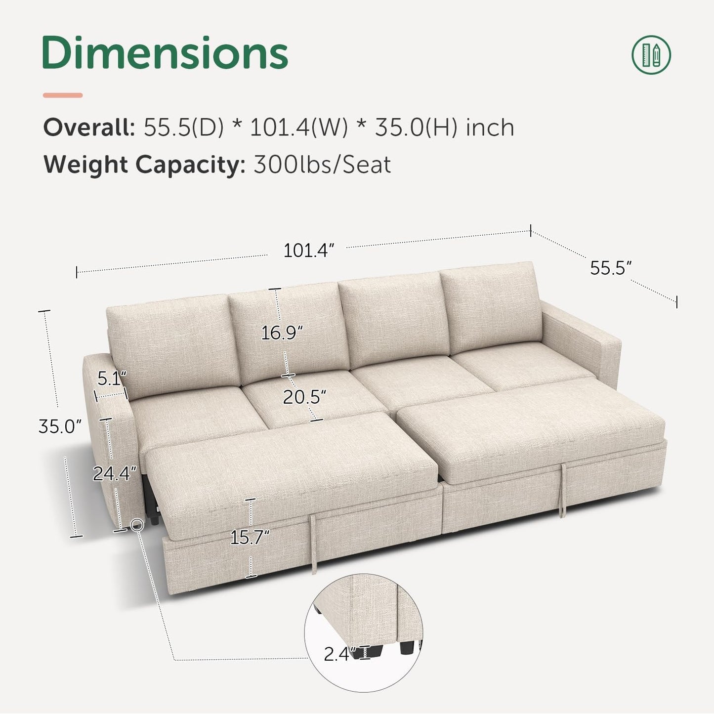 HONBAY Modular Sectional Sleeper Sofa with Pull Out Bed, L Shaped Couch with Storage Seat, Convertible Sectional Couches for Living Room