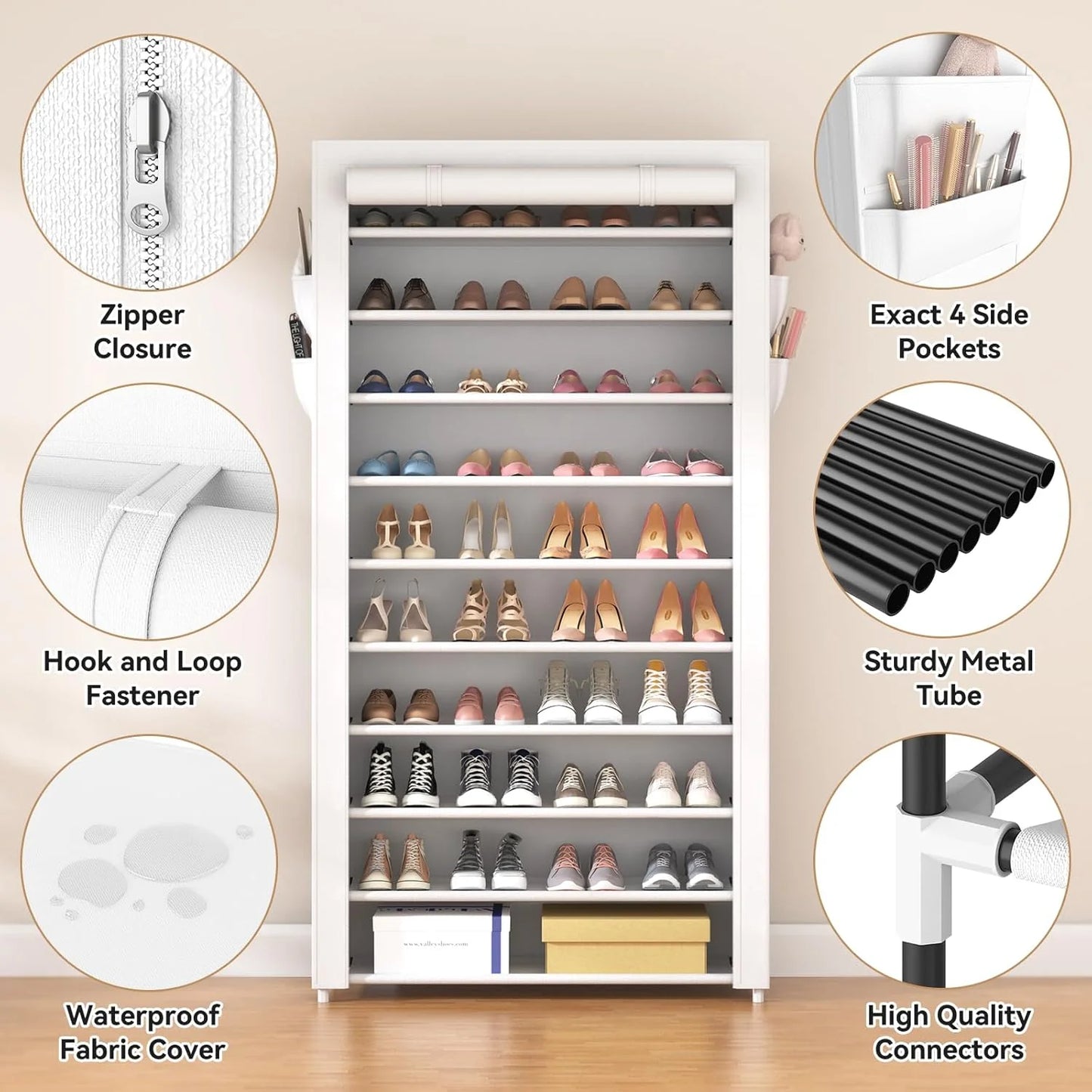ROJASOP 10 Tier Shoe Rack with Covers,Large Capacity Stackable Tall Shoe Shelf Storage to 50-55 Pairs Shoes and Boots Sturdy Metal Free Standing Shoe Rack Organizer for Closet Entryway Garage