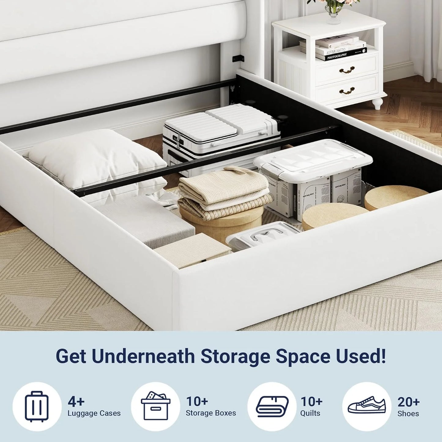 Allewie Queen Size Lift Up Storage Bed, Modern Wingback Headboard, Hydraulic Support, No Box Spring Needed, Light Beige