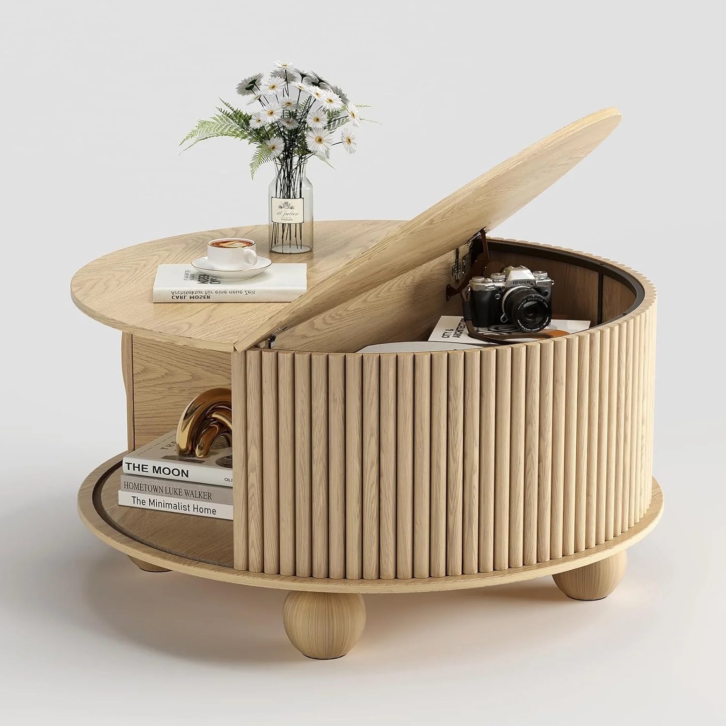 Round Coffee Table with Storage,Fluted Center Table with Sliding Cabinet Door for Living Room,Home Small Space,31.5" Small Center Table,Walnut