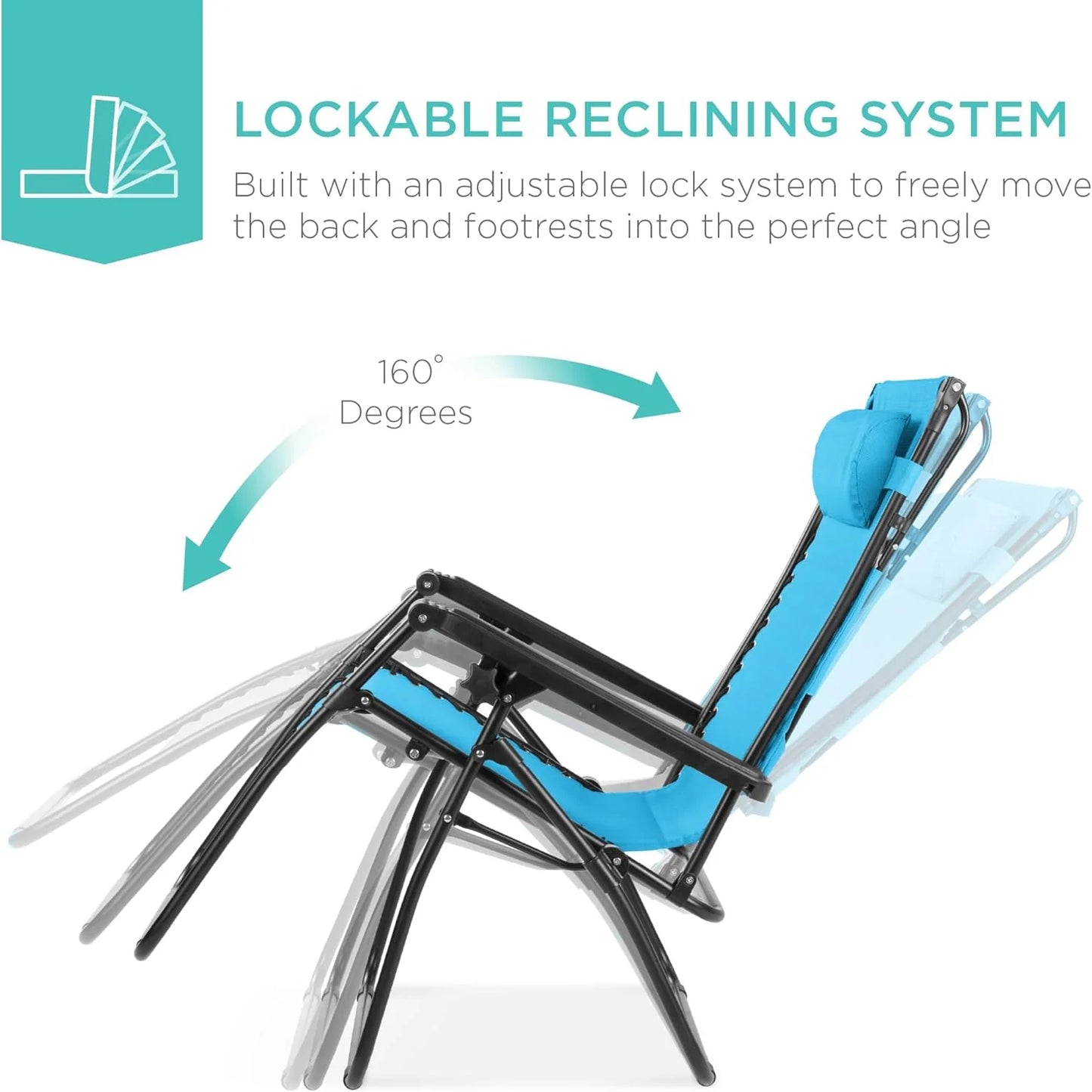 Best Choice Products Folding Zero Gravity Outdoor Recliner Patio Lounge Chair w/Adjustable Canopy Shade, Headrest, Side Accessory Tray, Textilene Mesh - Peacock Blue