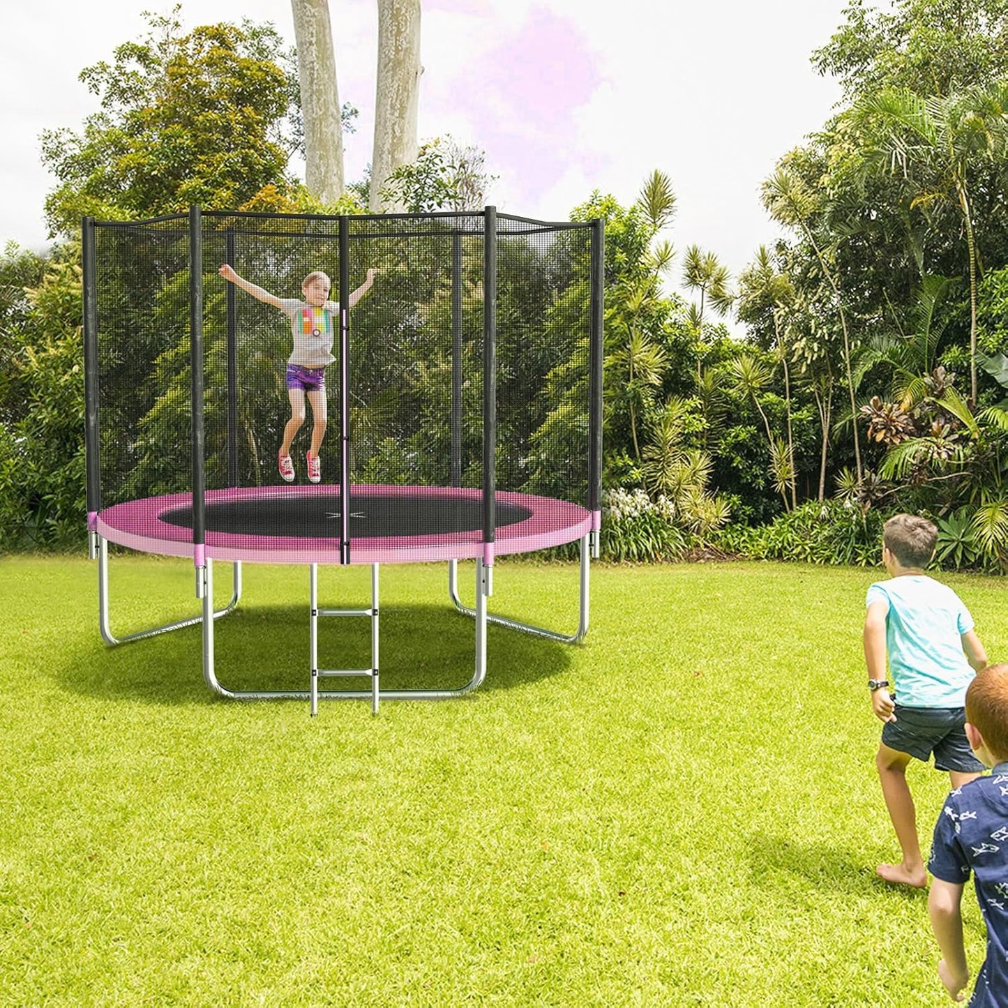 AOTOB 8FT 10FT 12FT 14 FT 15FT Trampoline with Safety Enclosure Net，Outdoor Trampoline with Basketball Hoop, Heavy Duty Jumping Mat and Spring Cover Padding for Kids and Adults, Storage Bag and Ladder