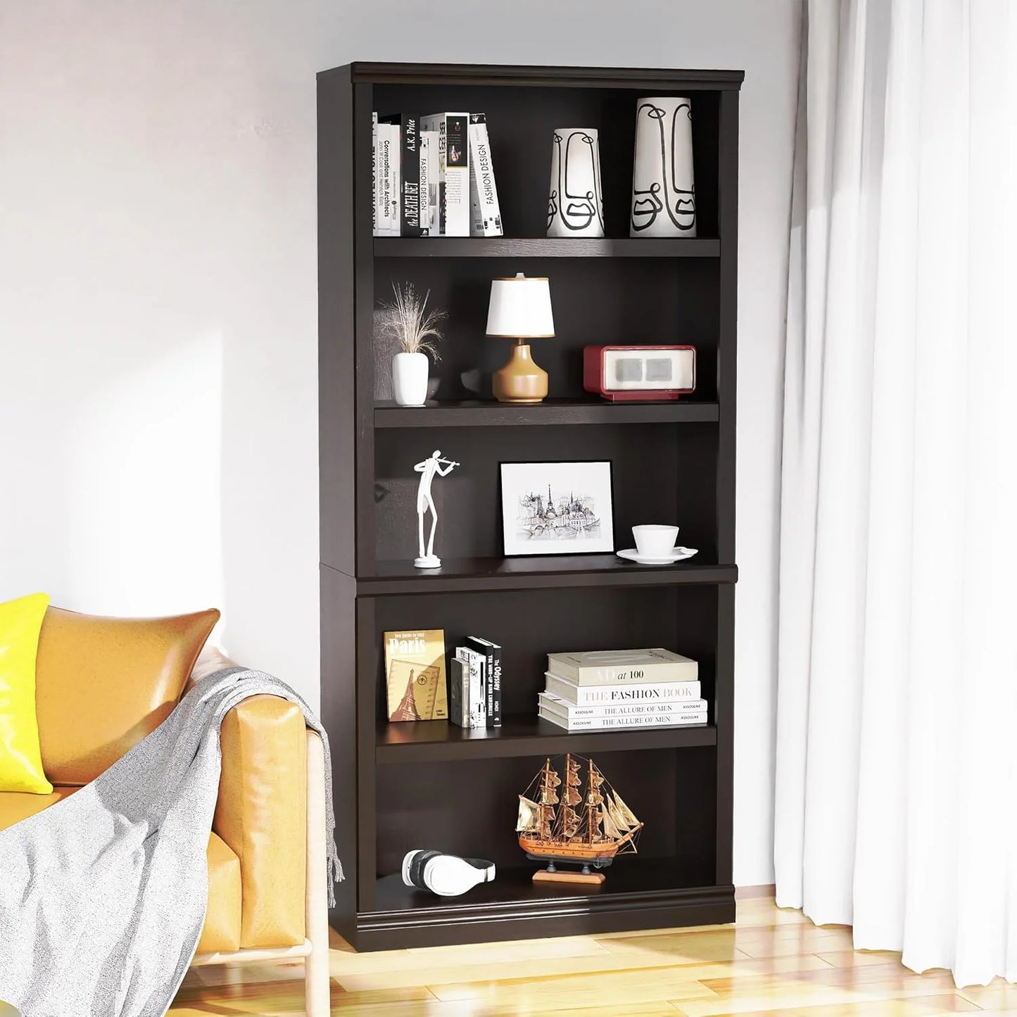 70-Inch Tall White Bookcase 5 Tiers Shelves Open Storage Bookshelf