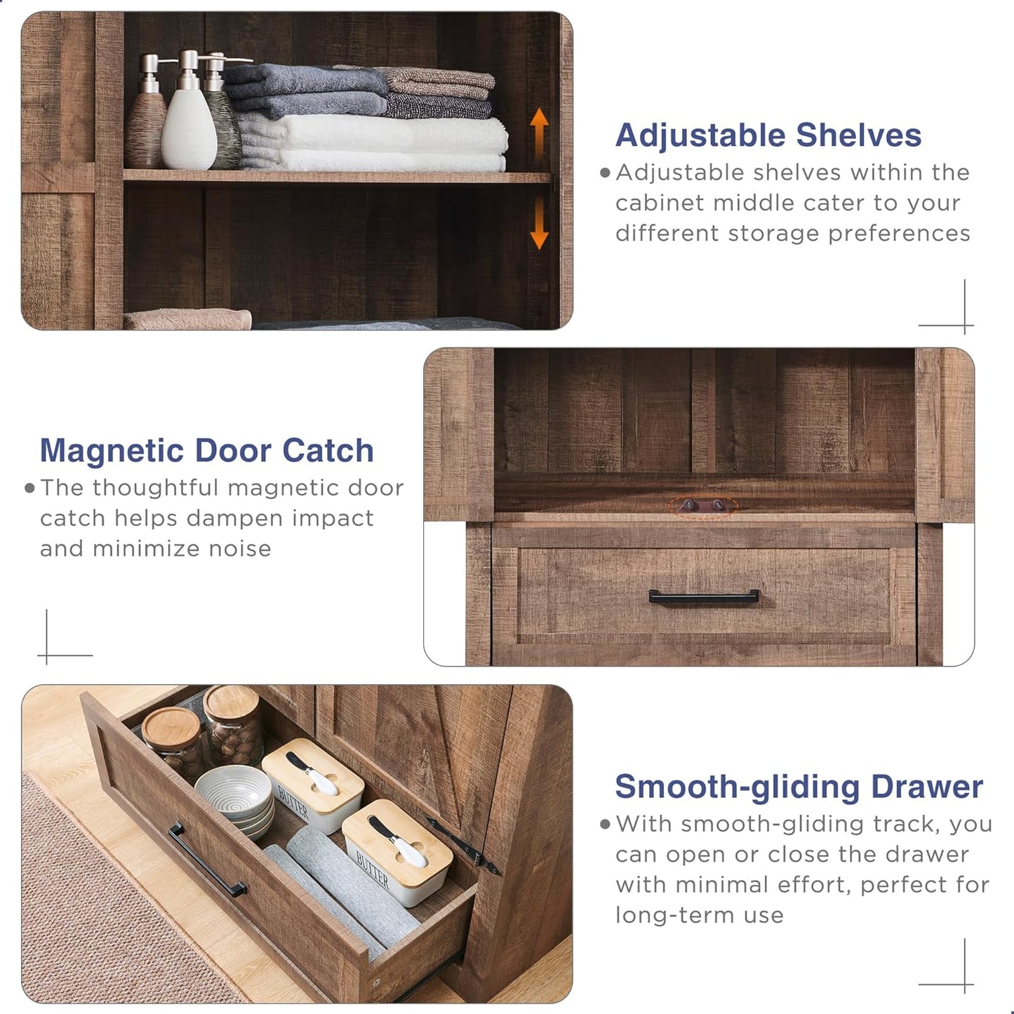 JXQTLINGMU Farmhouse Kitchen Pantry - 72" Tall Wood Kitchen Storage Cabinet with Adjustable Shelves and 2 Barn-Style Doors and Drawers