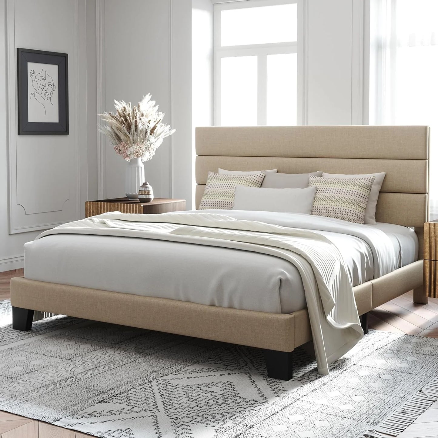 Allewie Queen Size Platform Bed Frame with Fabric Upholstered Headboard and Wooden Slats Support, Fully Upholstered Mattress Foundation/No Box Spring Needed