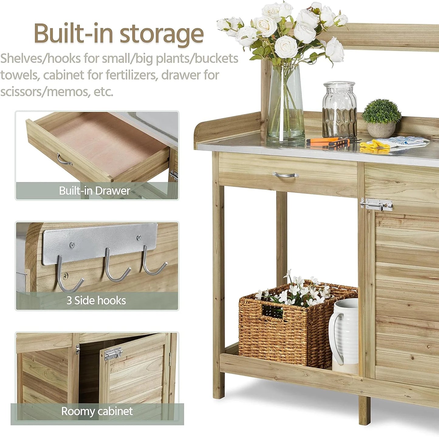 Yaheetech Outdoor Garden Potting Bench Table Work Bench Metal Tabletop W/Cabinet Drawer Open Shelf Natural Wood