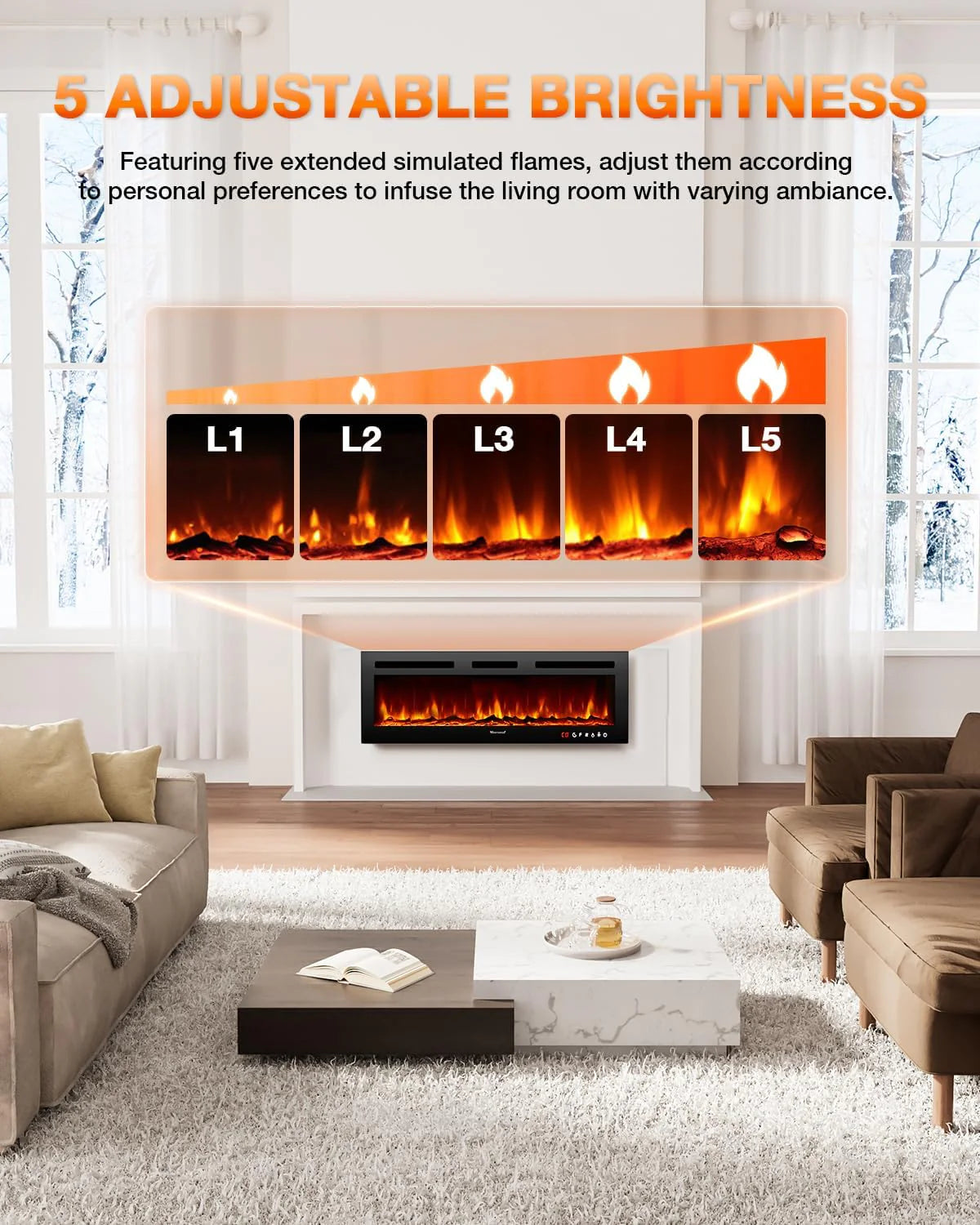 Electric Fireplace 60Inch,Wall Mounted Electric Fireplace Heater with Timer Inserts，TV Stand Touch Screen and Realistic Flame,Log Set,Crystal Flames 750 to 1500W，Remote for Living Room