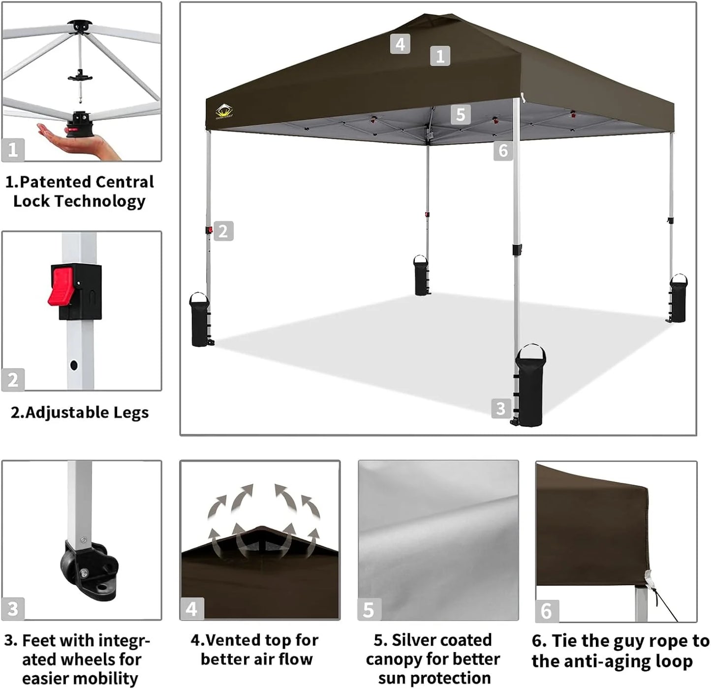 10x10 Pop-Up Awning - One-Click Installation Beach Tent - Outdoor Sunshade Silver Coated Top, 3 Heights and 4 Sand Pockets