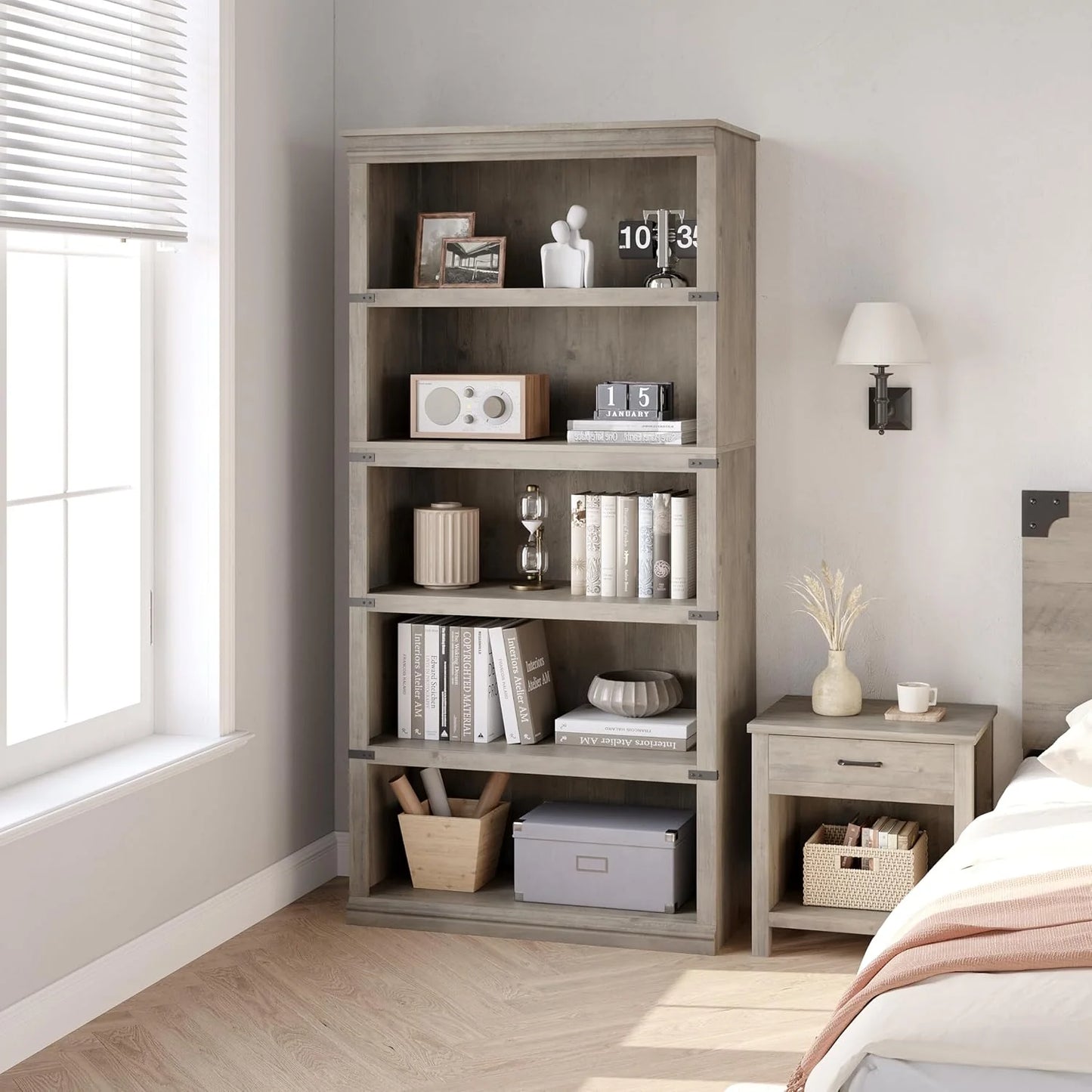 5 Tier Bookcase Farmhouse Book Shelf with Storage Open Display Bookshelves