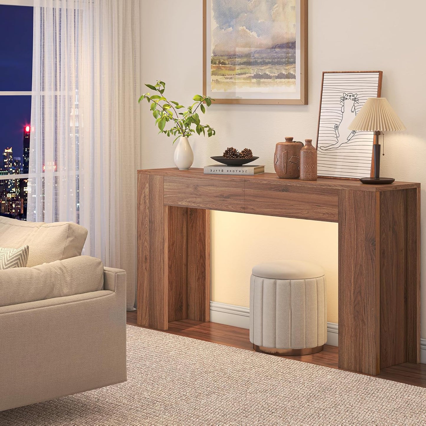 63-Inch Long Console Table with LED Light Farmhouse Sofa Table Behind Couch