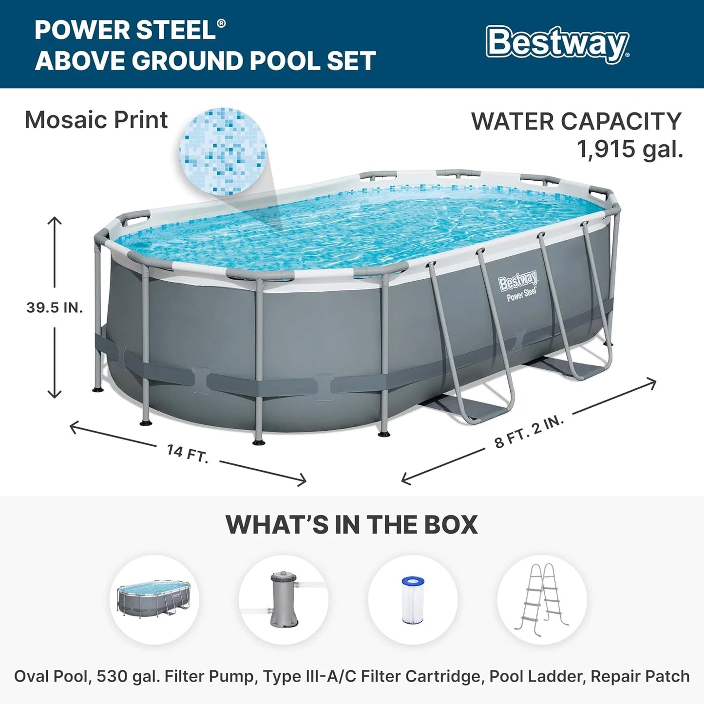 Power Steel 14' x 8'2" x 39.5" Oval Above Ground Pool Set | Includes 530gal Filter Pump, Ladder, ChemConnect Dispener