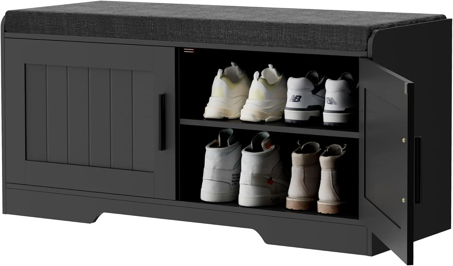 2-Tier Storage Bench, Shoe Bench with Thickened Padded Seat Cushion, Entryway Bench with 4 Doors, Adjustable Shelf