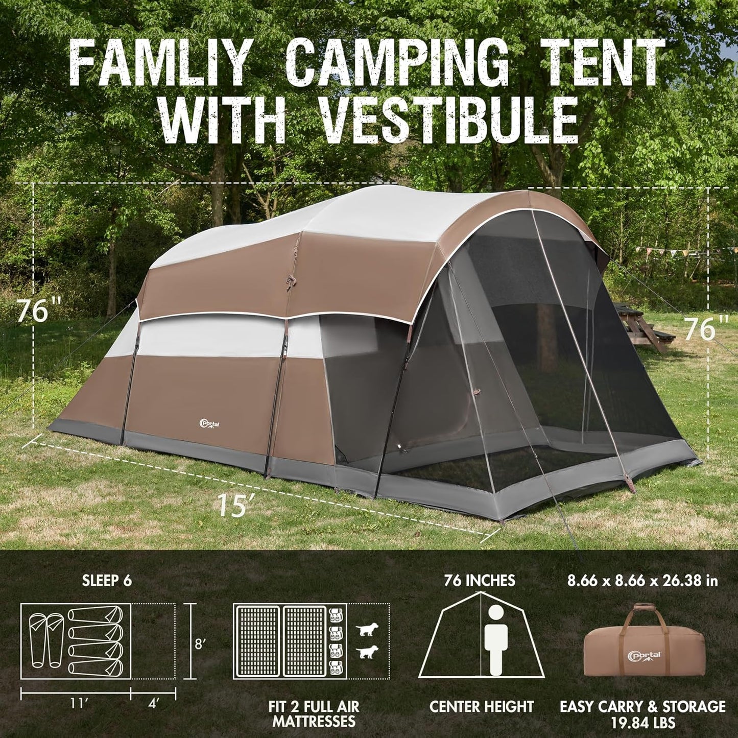 PORTAL 6/8/10 Person Family Camping Tent with Screen Room, Water Resistant Big Tunnel Tent with Rainfly, Large Family Tent for Outdoor Camping, Party