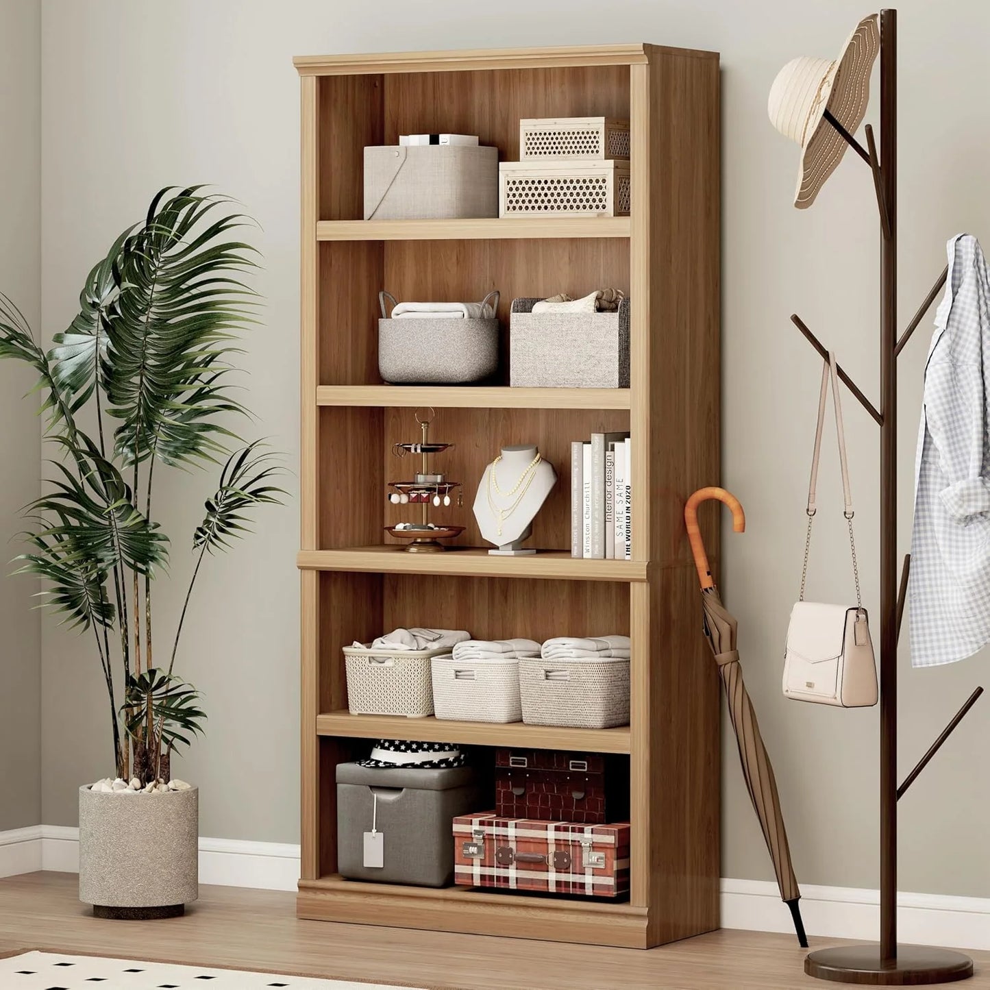 70-Inch Tall White Bookcase 5 Tiers Shelves Open Storage Bookshelf