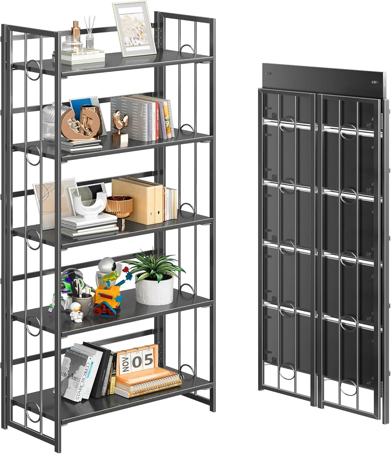 5 Tiers No Assembly Book Shelves 51.2" H Folding Bookshelf Bookcase