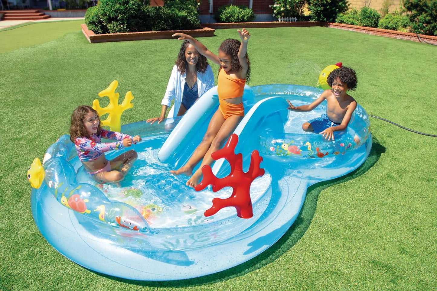 Intex 96" x 78" x 28" Inflatable Jungle Adventure Play Center Spray Kiddie Pool - Backyard Kids Water Slide, Outdoor Blow-Up Splash Pad for Toddlers