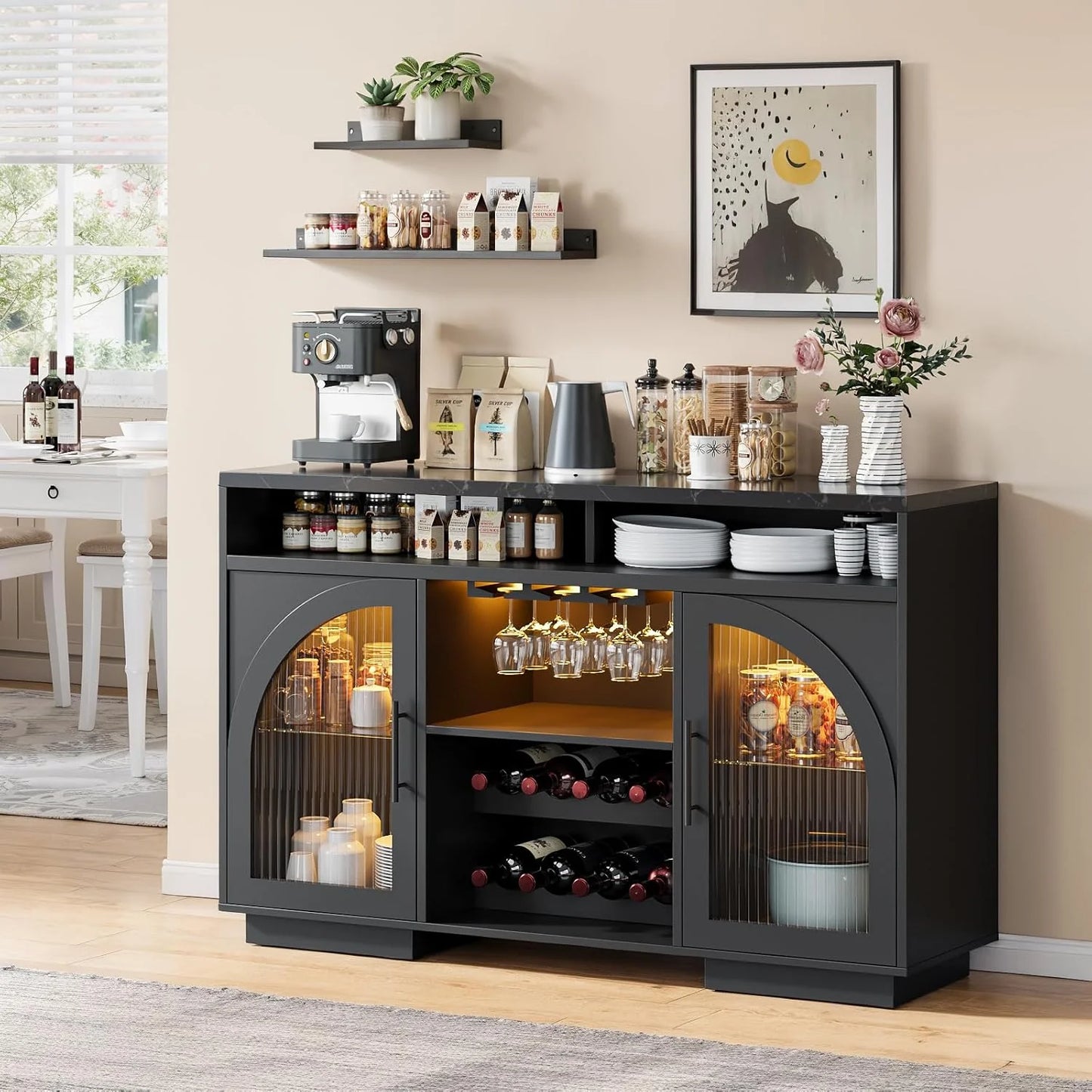 Sideboard, 54-inch kitchen cabinet with LED lights and arched glass doors, tall bar cabinet