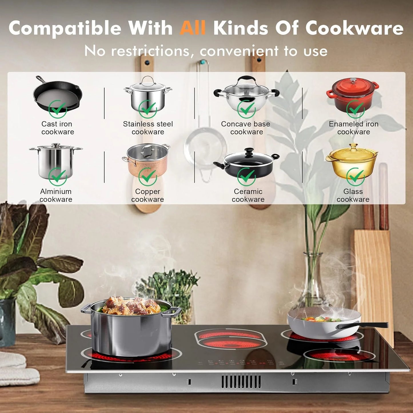 Electric Cooktop 30 Inch - 5 Burners Built-in Ceramic Cooktop, 30" Electric Stove Top with Glass Protection Metal Frame, 9 Heating Level, 8400W, 220-240V for Hard Wire(No Plug)