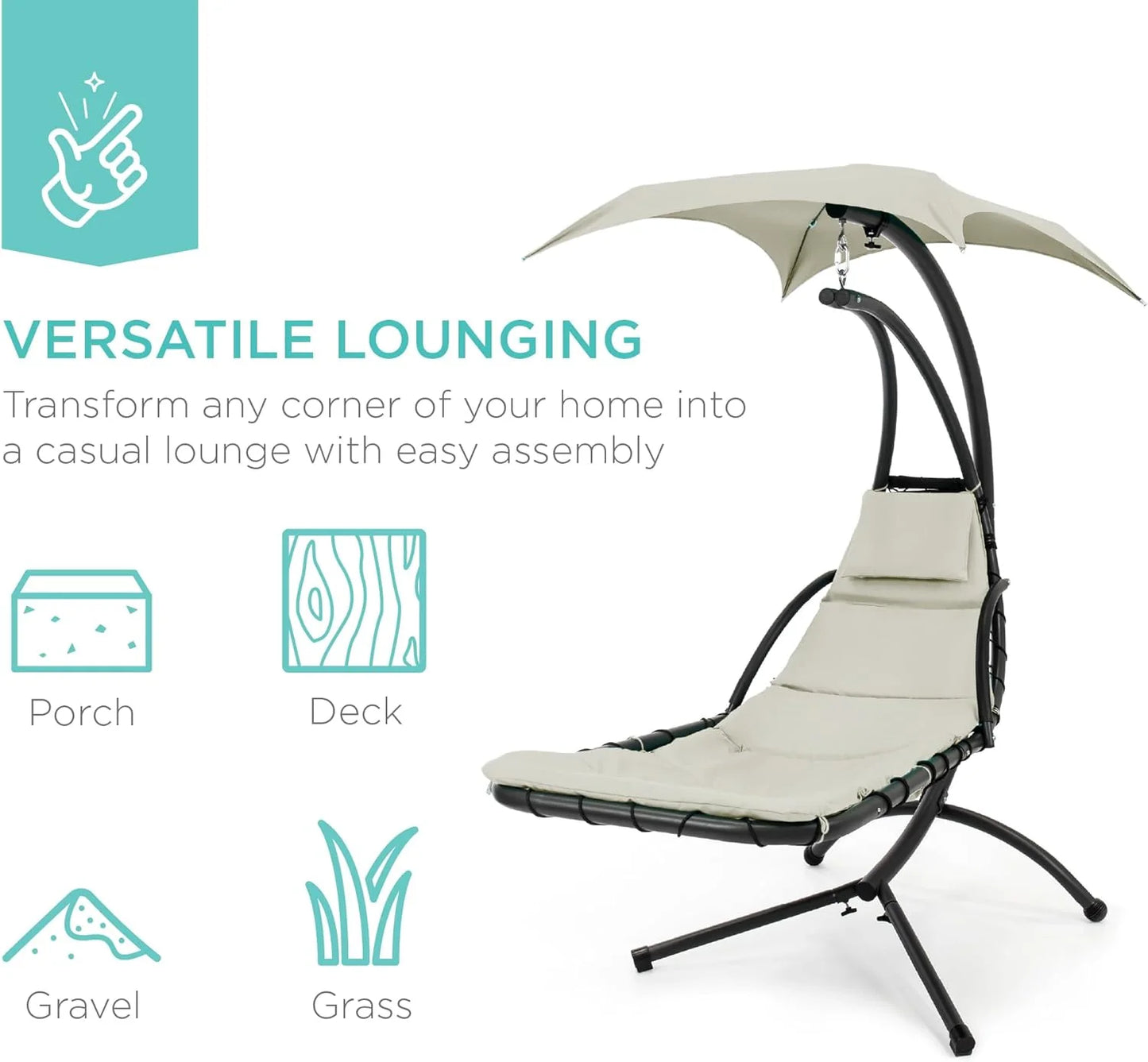 Best Choice Products Outdoor Hanging Curved Steel Chaise Lounge Chair Swing w/Built-in Pillow and Removable Canopy - Charcoal Gray