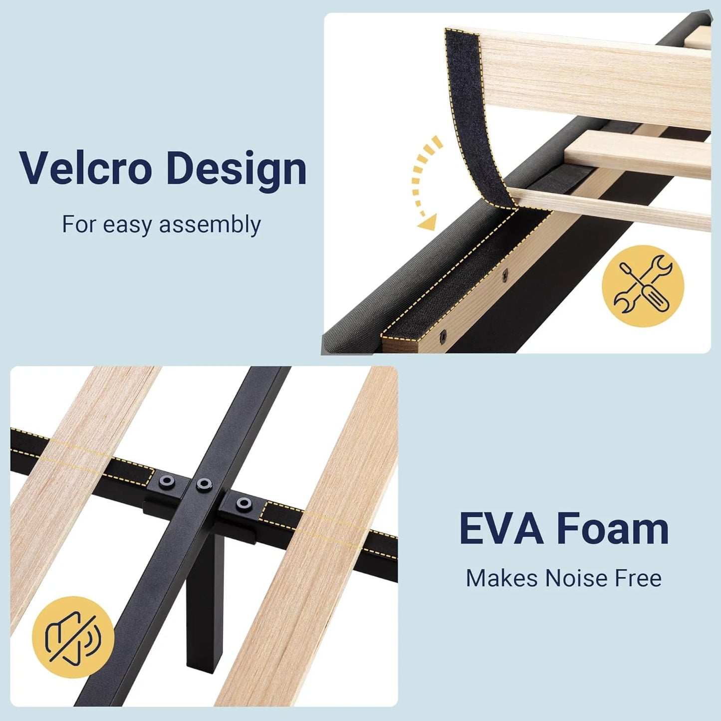 Allewie King size platform bed frame with velvet upholstered headboard and planks