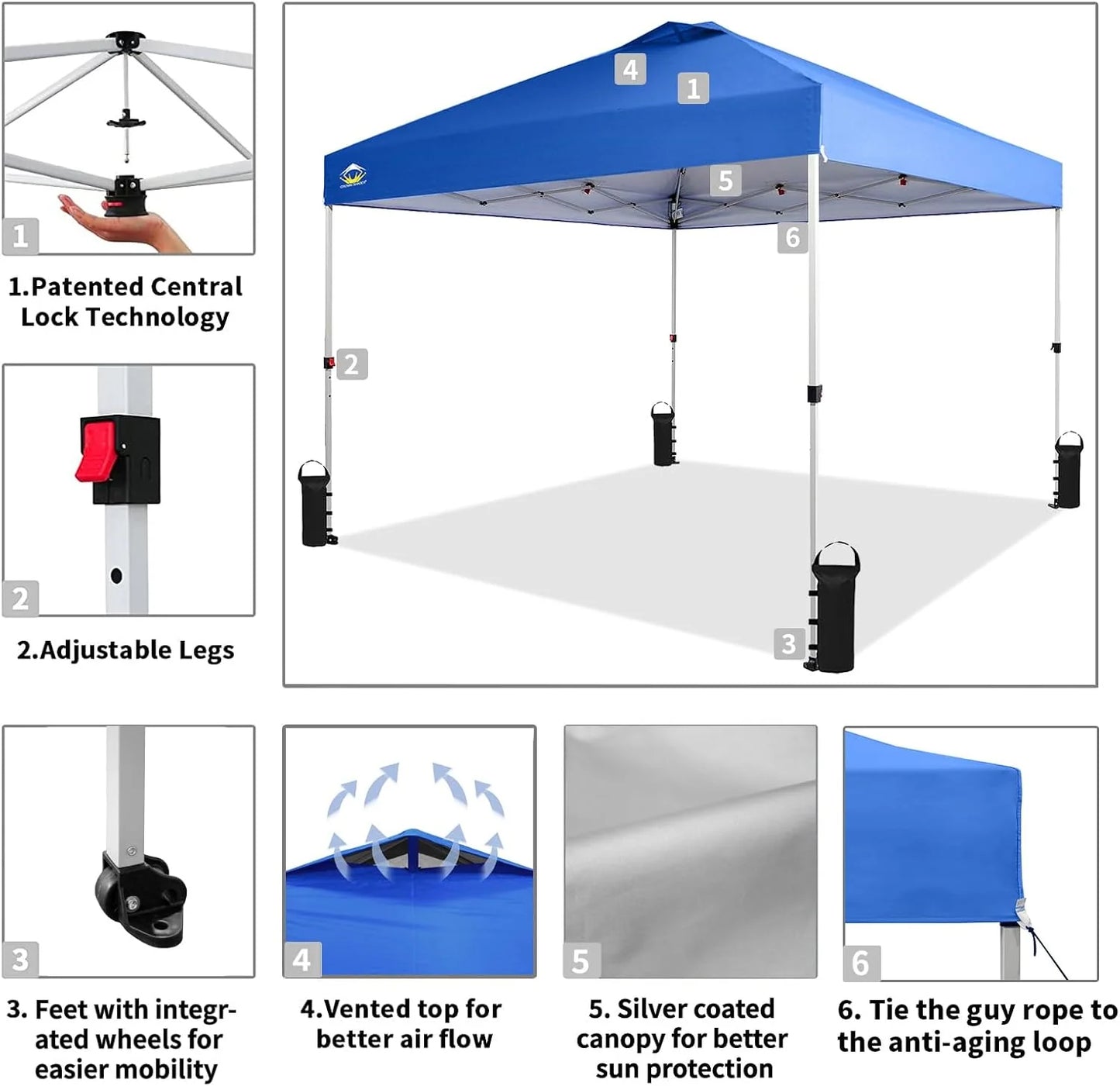 10x10 Pop-Up Awning - One-Click Installation Beach Tent - Outdoor Sunshade Silver Coated Top, 3 Heights and 4 Sand Pockets