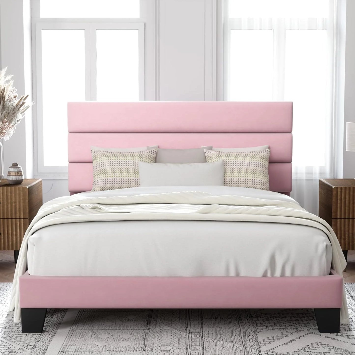 Allewie Queen Size Platform Bed Frame with Fabric Upholstered Headboard and Wooden Slats Support, Fully Upholstered Mattress Foundation/No Box Spring Needed