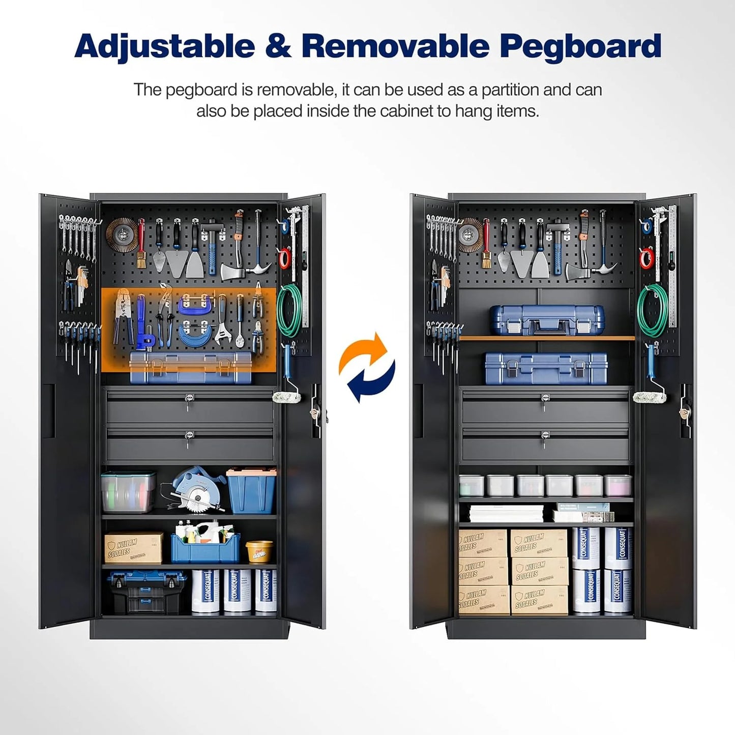 Yizosh Metal Garage Storage Cabinet with Locking Doors and 2 Drawers, Heavy Duty Steel Tool Cabinet with Pegboard, 71" - Lockable Cabinets