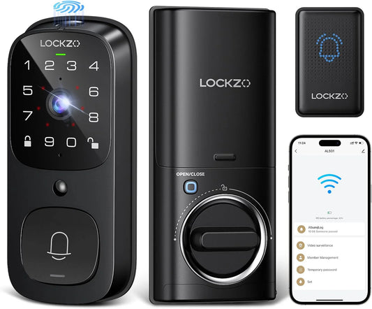 Video Smart Lock with Doorbell Keyless Entry Door Lock, Built-in WiFi Camera Front Door Deadbolt Lock, Fingerprint, Keypad Code, App Control, Voice Control, Auto-Lock, IP65, Video Call