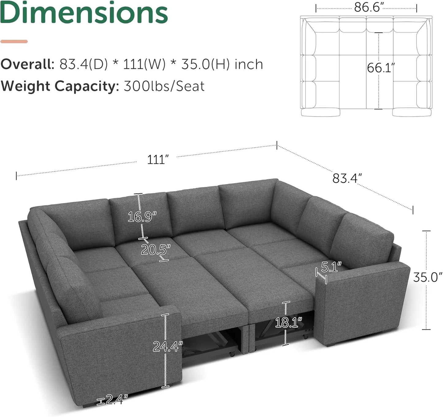 HONBAY Modular Sectional Sleeper Sofa with Pull Out Bed, L Shaped Couch with Storage Seat, Convertible Sectional Couches for Living Room