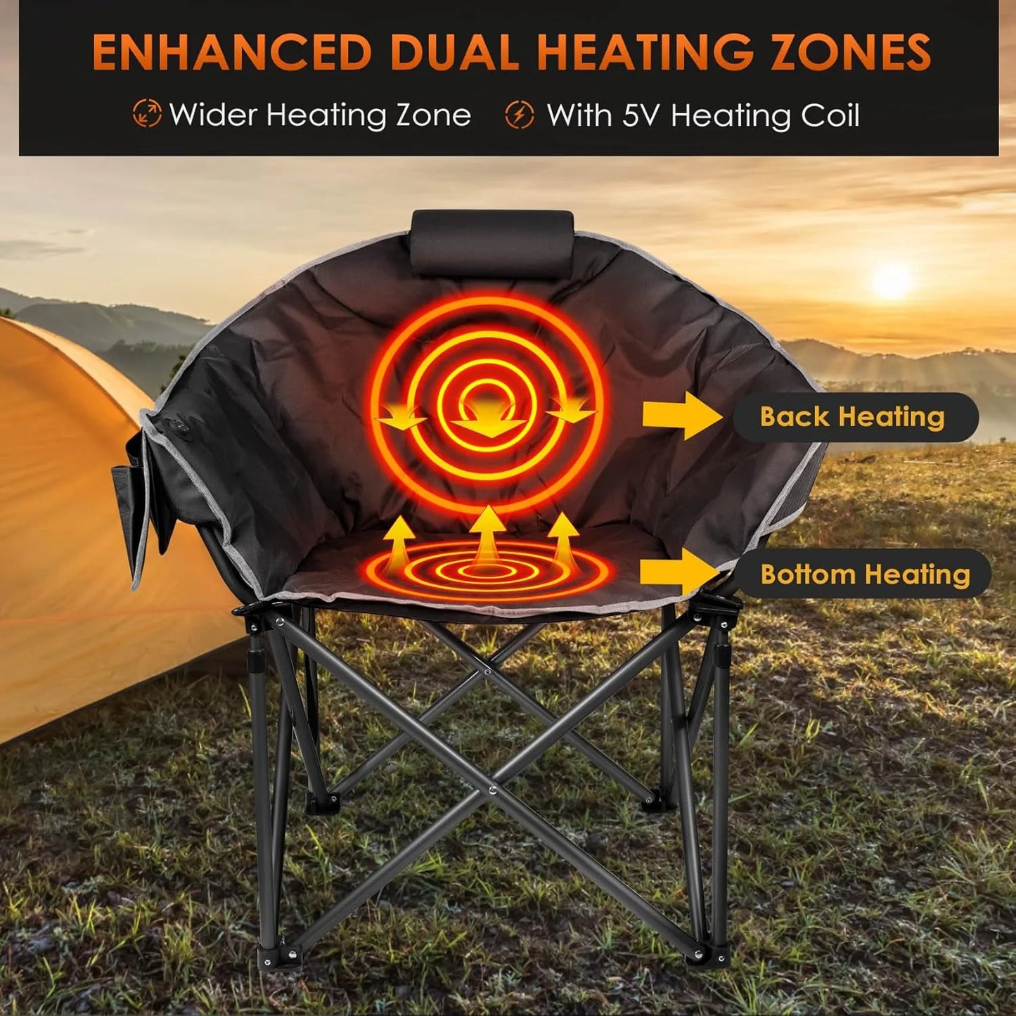 Heated Camping Chair, Extra Large Heated Chair Outdoor Sports Chair with 3 Heat Levels on Back and Seat, Portable Folding Heated Outdoor Chair (Batteries Not Included)