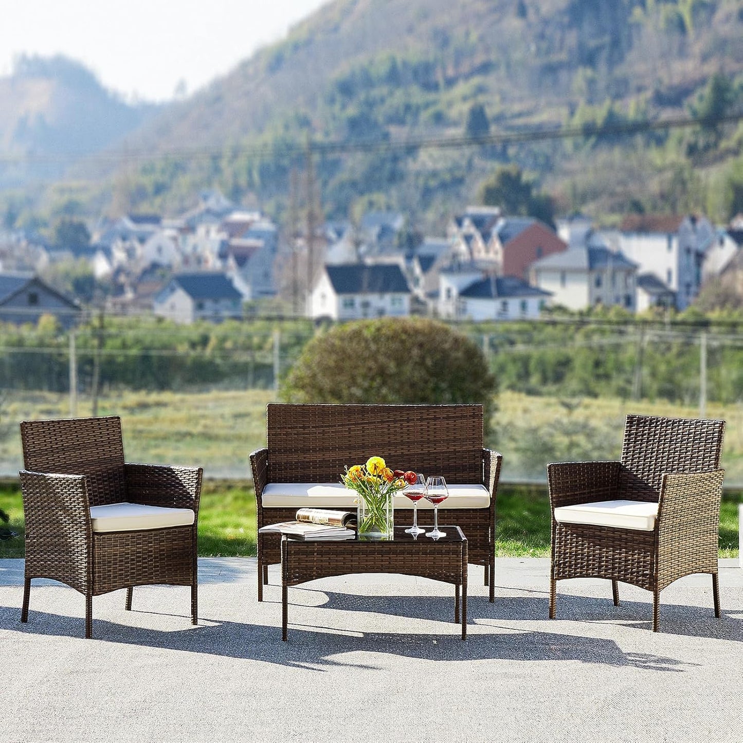 Sweetcripy Patio Furniture Set 3 Pieces, Outdoor Furniture with Soft Cushion and Glass Table, All Weather Manual Weaving Wicker Rattan Patio Chairs for Garden, Terrace, Porch(Black and Beige)