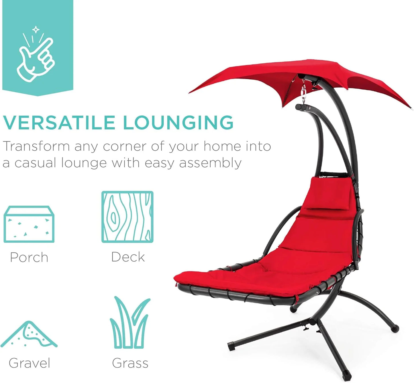 Best Choice Products Outdoor Hanging Curved Steel Chaise Lounge Chair Swing w/Built-in Pillow and Removable Canopy - Teal