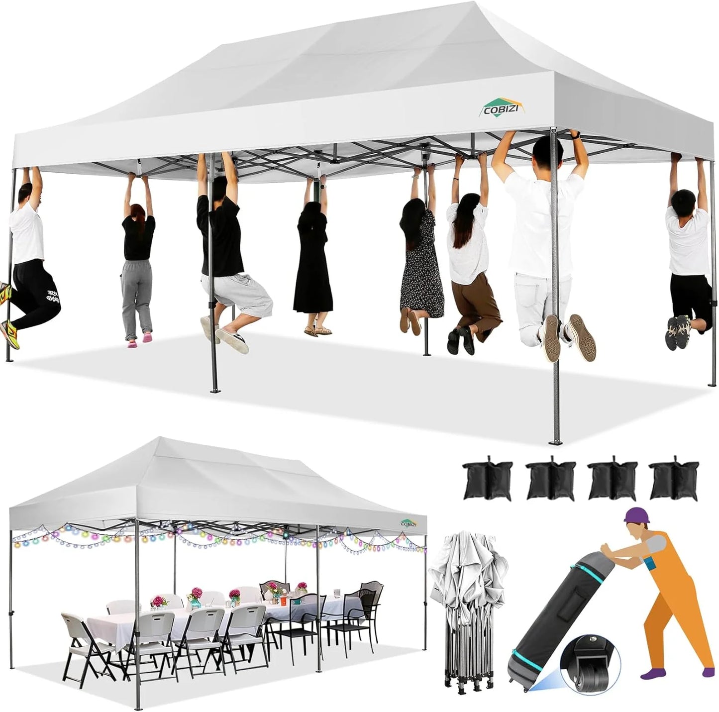 COBIZI 10x20 Heavy Duty Pop up Canopy Tent with 6 sidewalls Easy Up Commercial Outdoor Canopy Wedding Party Tents for Parties All Season Wind & Waterproof Gazebo with Roller Bag,Black(Frame Thickened)