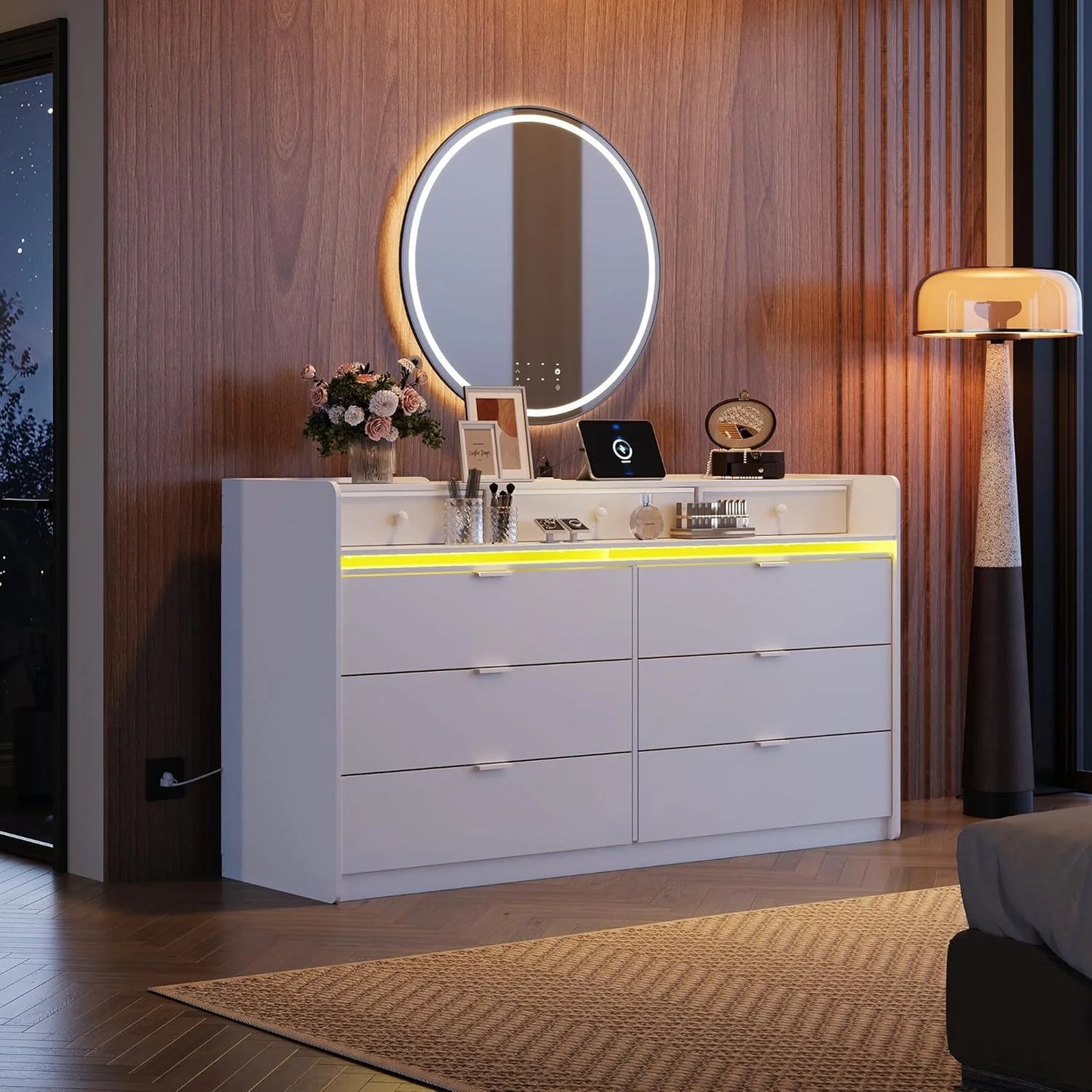 9 Drawer Led Dresser for Bedroom, 58.35'' Wide Wood Dresser Storage Organizer with Power Outlets for 65'' TV, Dressers with Open Shelves