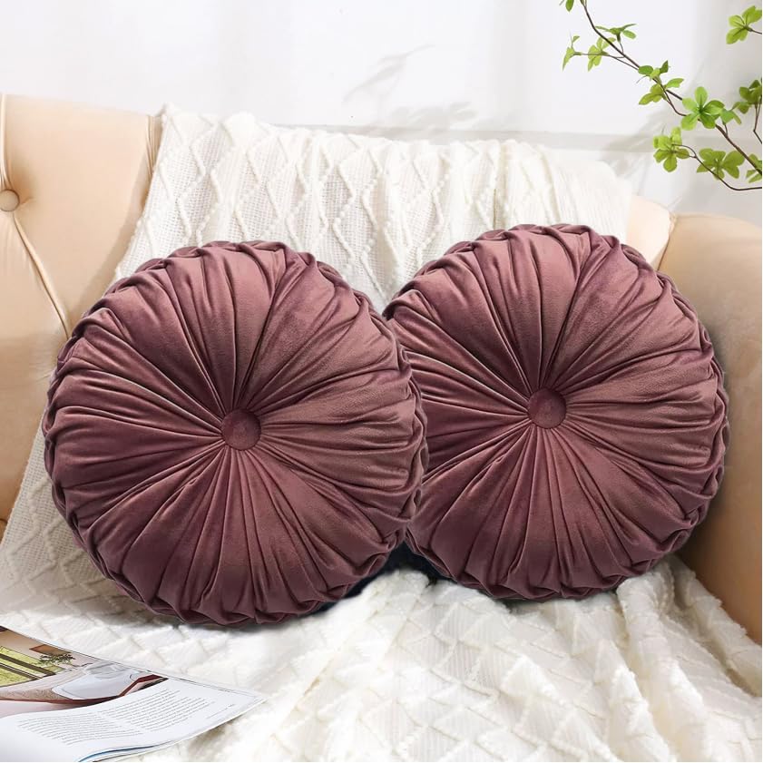 Set of 2 Decorative Round Pleated Throw Pillows