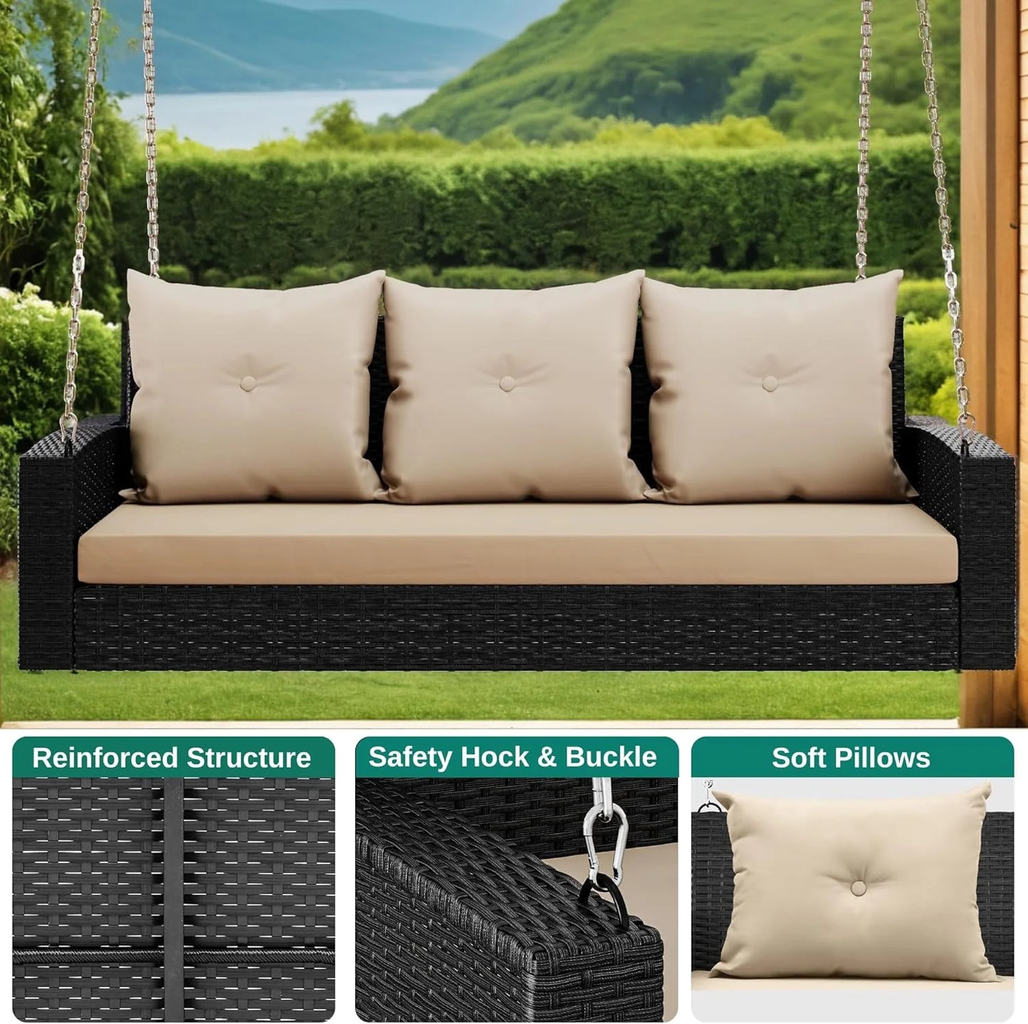 YITAHOME Hanging Porch Swing Chair Sits 3 People, Wicker Outdoor Swing Bench, Patio Lounge Chair, 1 Seating Cushion and 3 Back Cushions, w/Removable Covers, for Garden, Balcony, Backyard, Brown